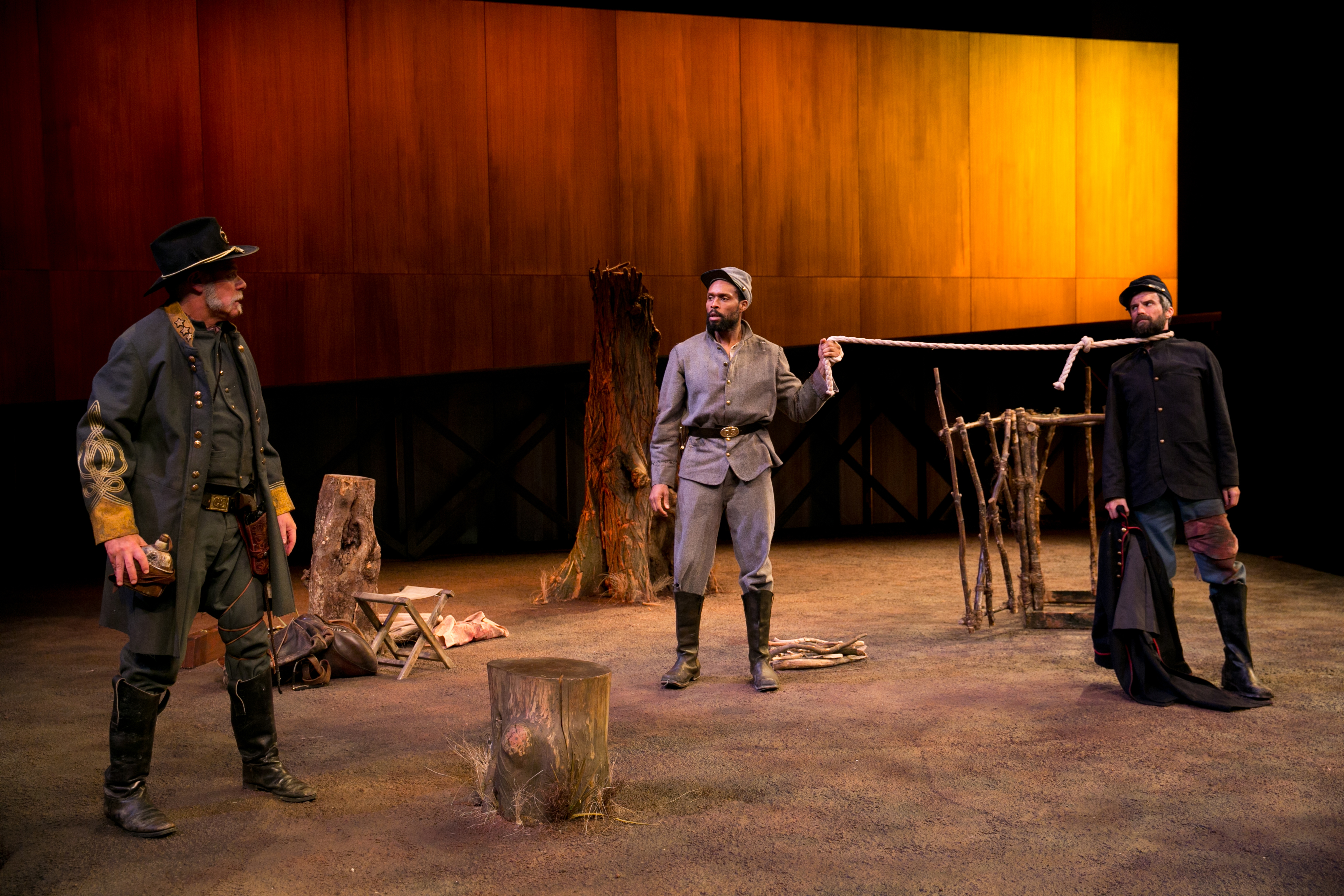 From left: Ken Marks, Benton Greene, and Michael Crane in “Father Comes Home From the Wars, Parts 1, 2 & 3.”
