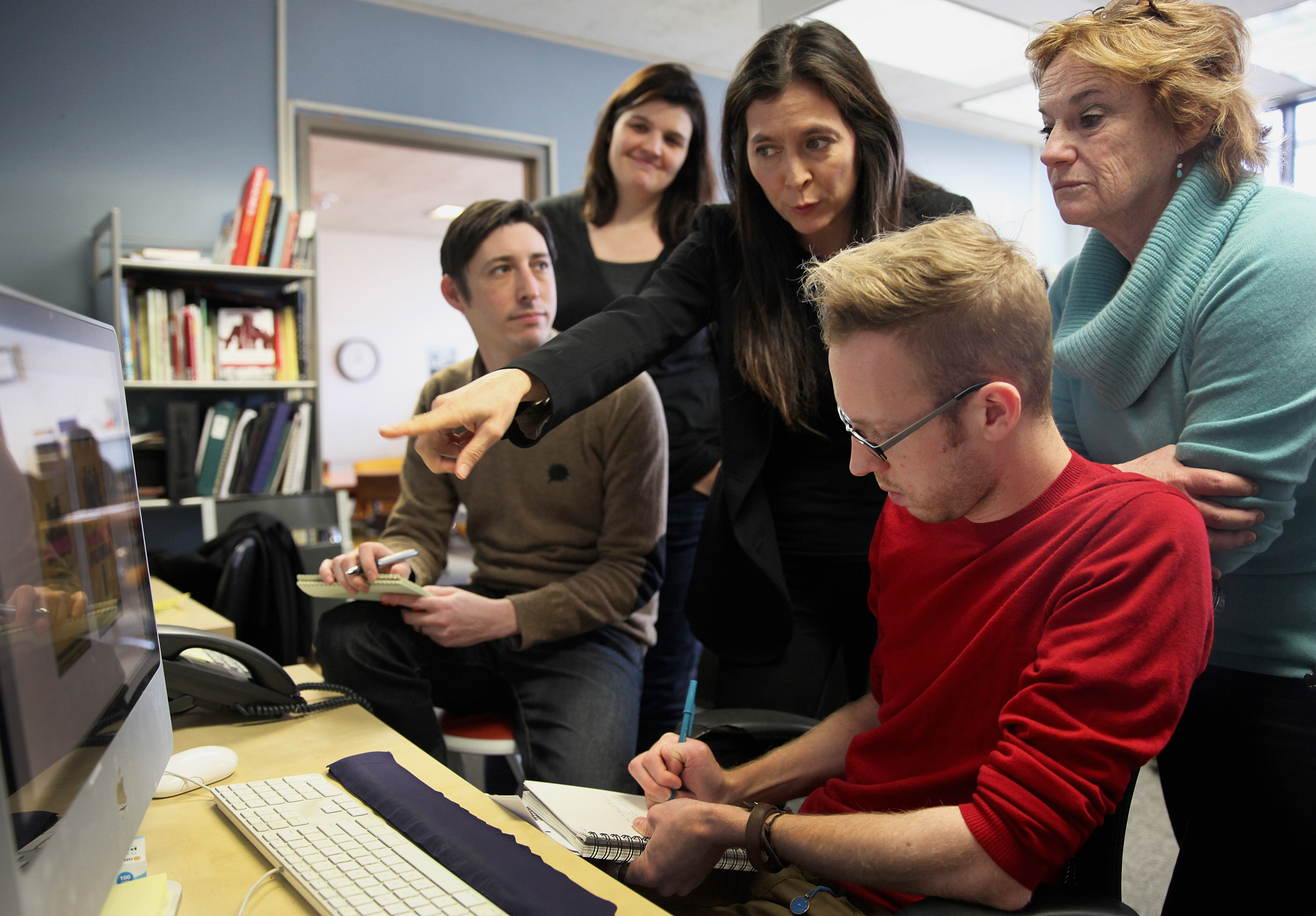 Left: Diane Paulus (center) with marketing team members (from left) Jared Fine, Anna Fitzloff, Joel Zayac, and Kati Mitchell.