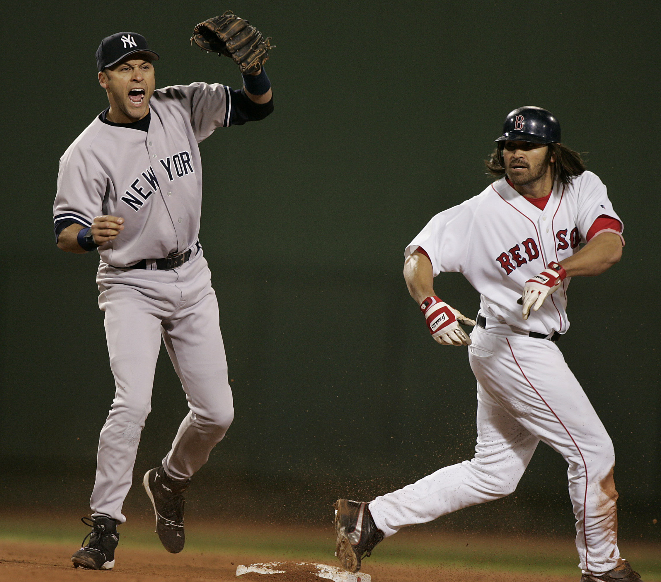 In the 2004 ALCS, Jeter tagged Johnny Damon out on a steal attempt.