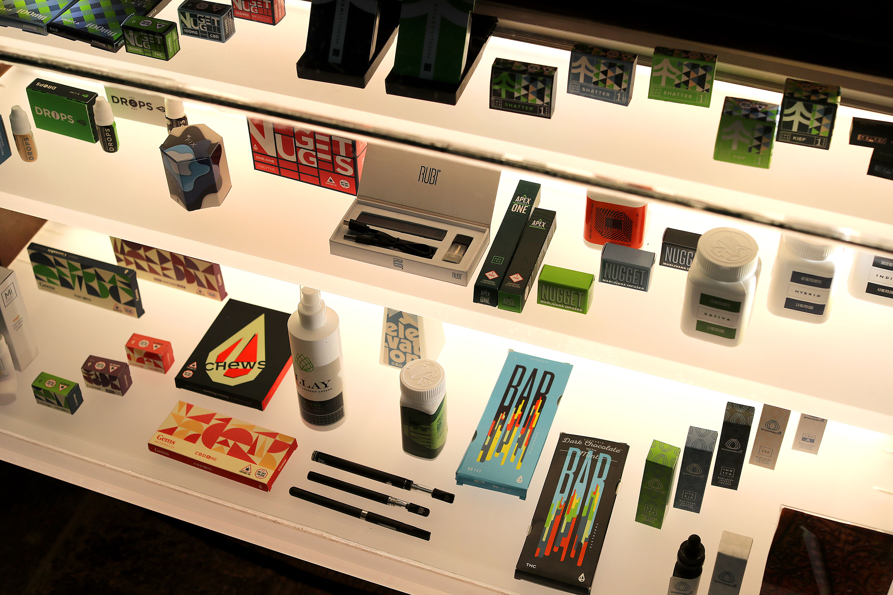 Products on display in a showcase at New England Treatment Access in Brookline.