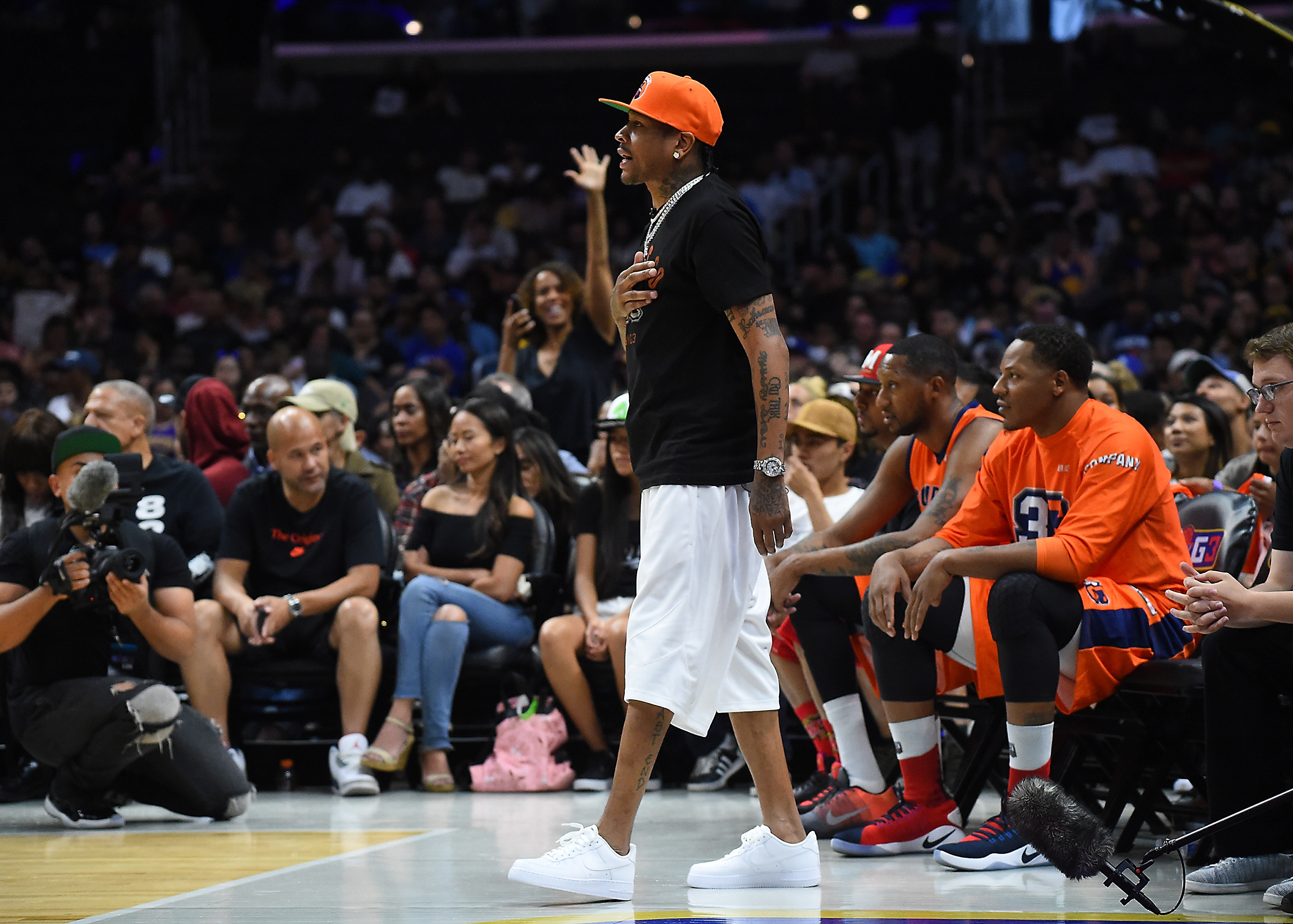 Allen Iverson of the Ball Hogs looks on from the sideline during a game at the Staples Center this month.