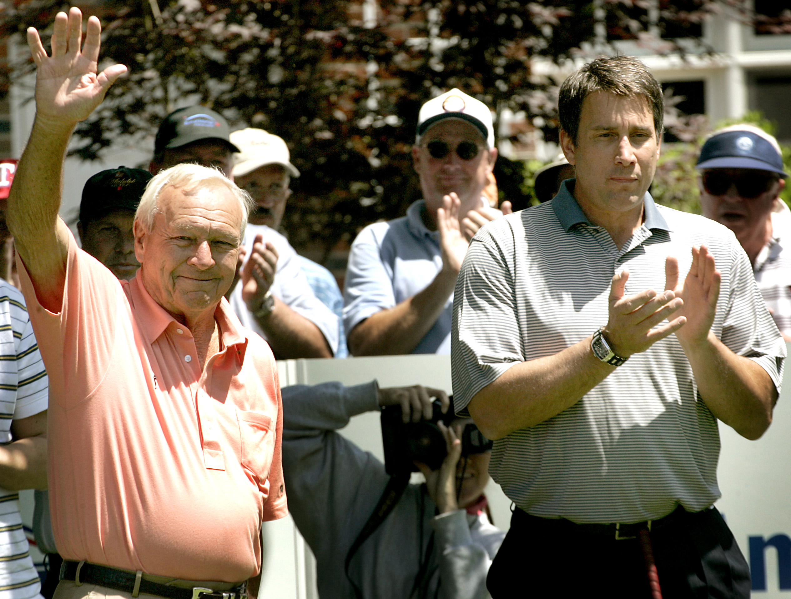 Palmer waved to the crowd in 2005 after completing a round during the Bank of America Championship at Nashawtuc Country Club in Concord.