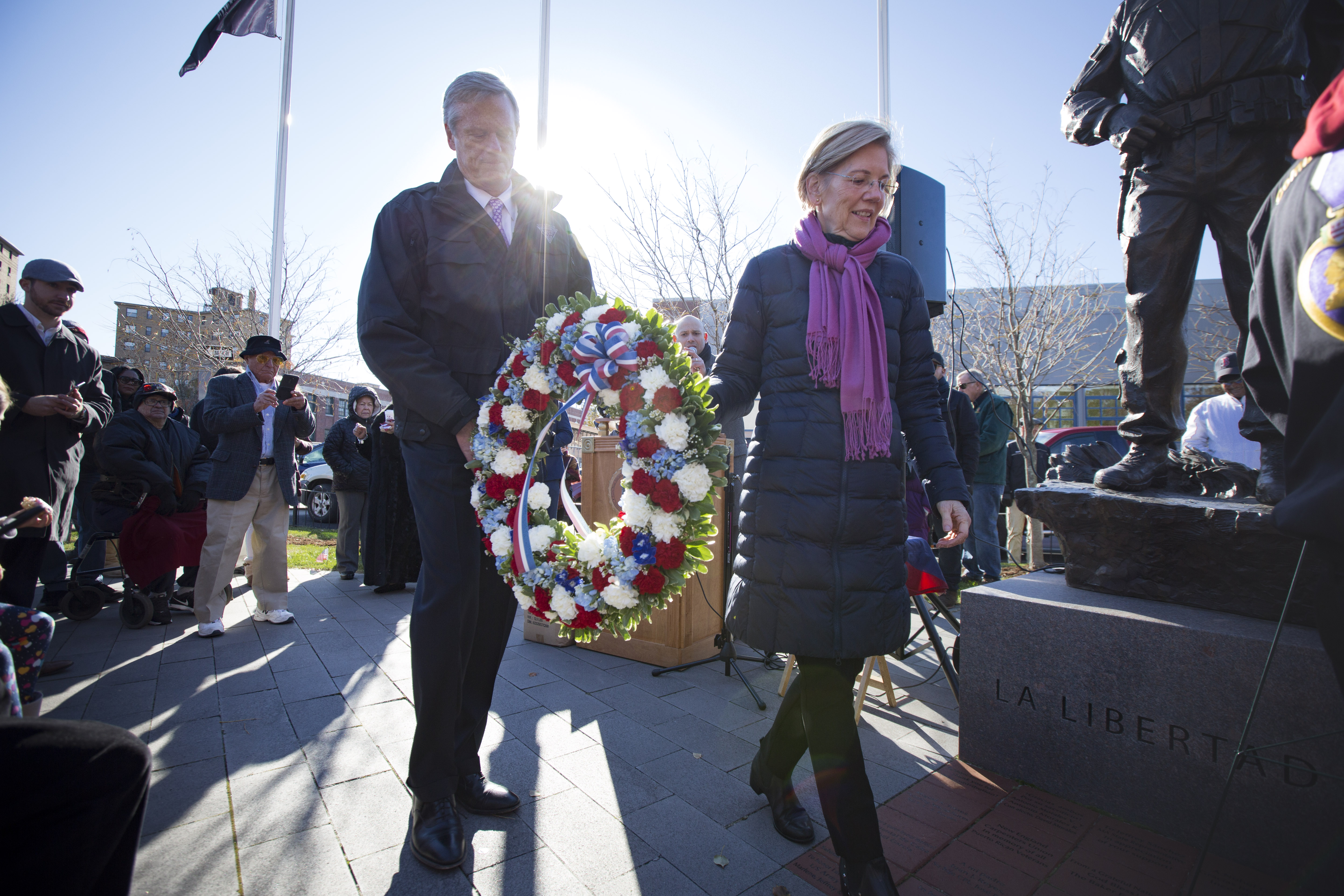 Governor Charlie Baker and Senator Elizabeth Warren laid a wreath at the ceremony.
