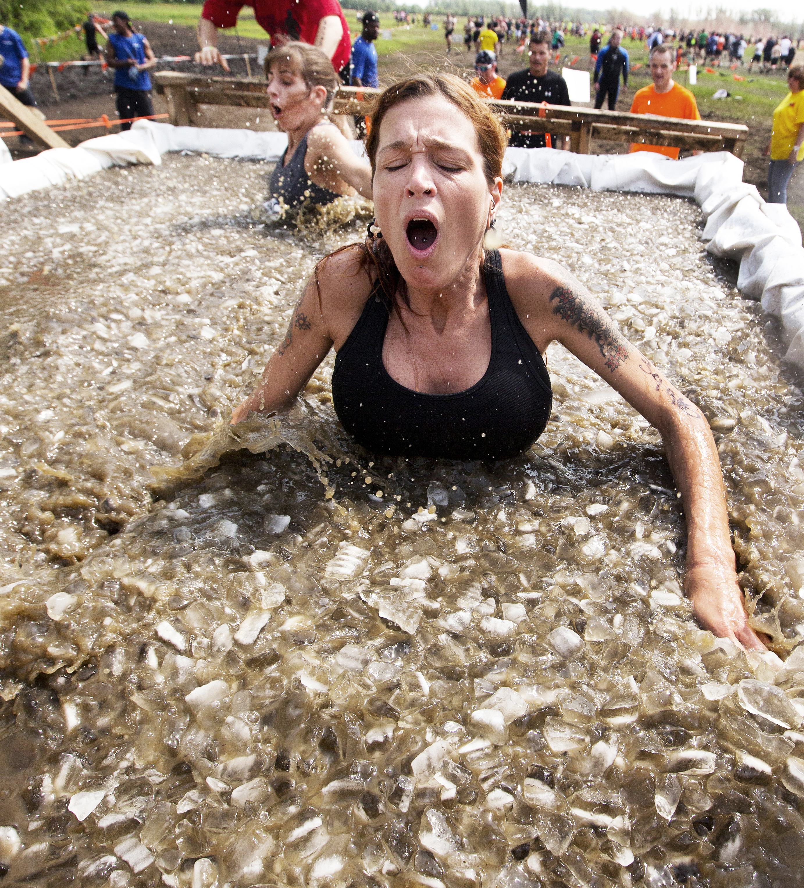 A Tough Mudder competitor reacted to jumping into the bucket the company calls the "Arctic Enema."