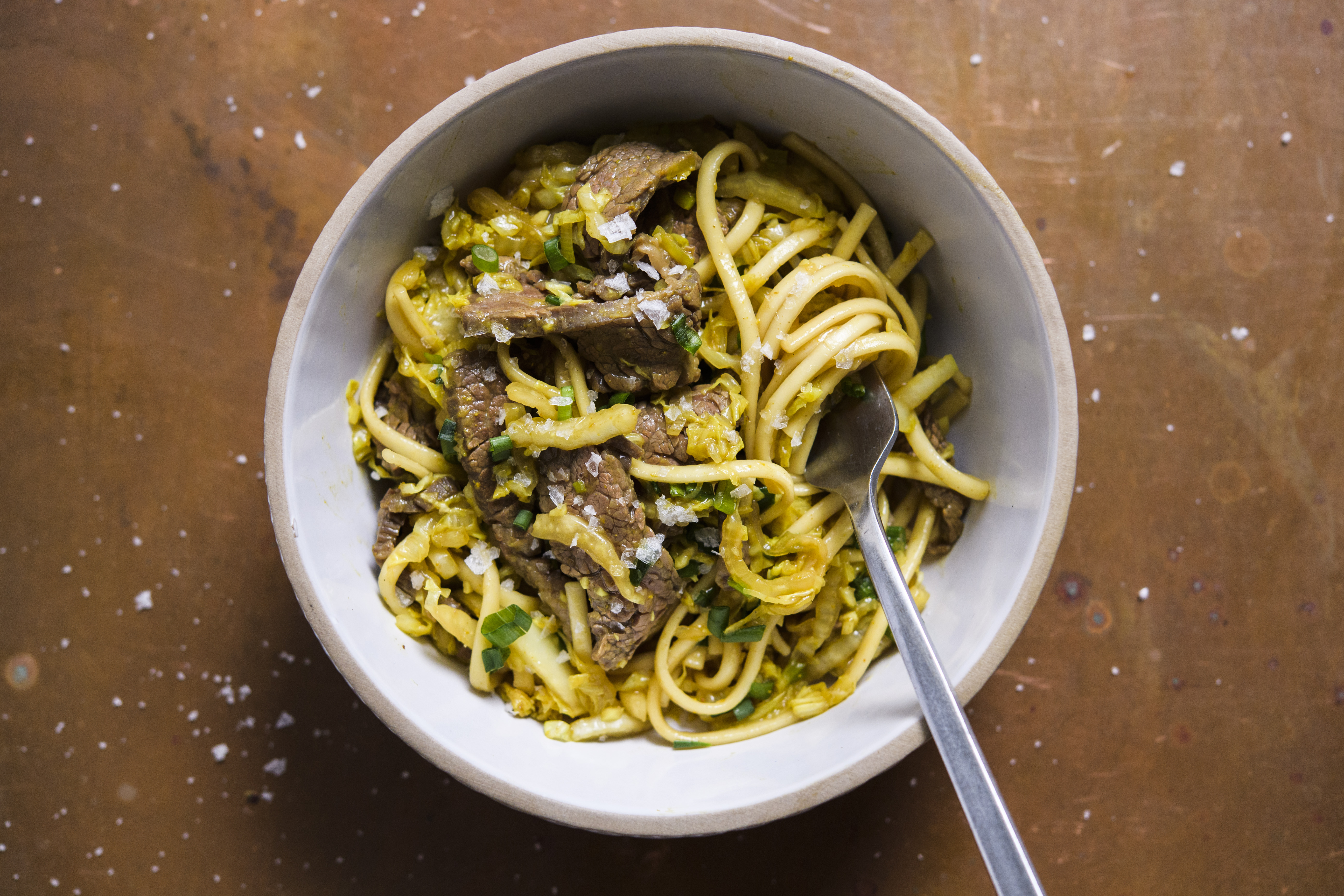 Tibetan curried noodles with beef and cabbage.