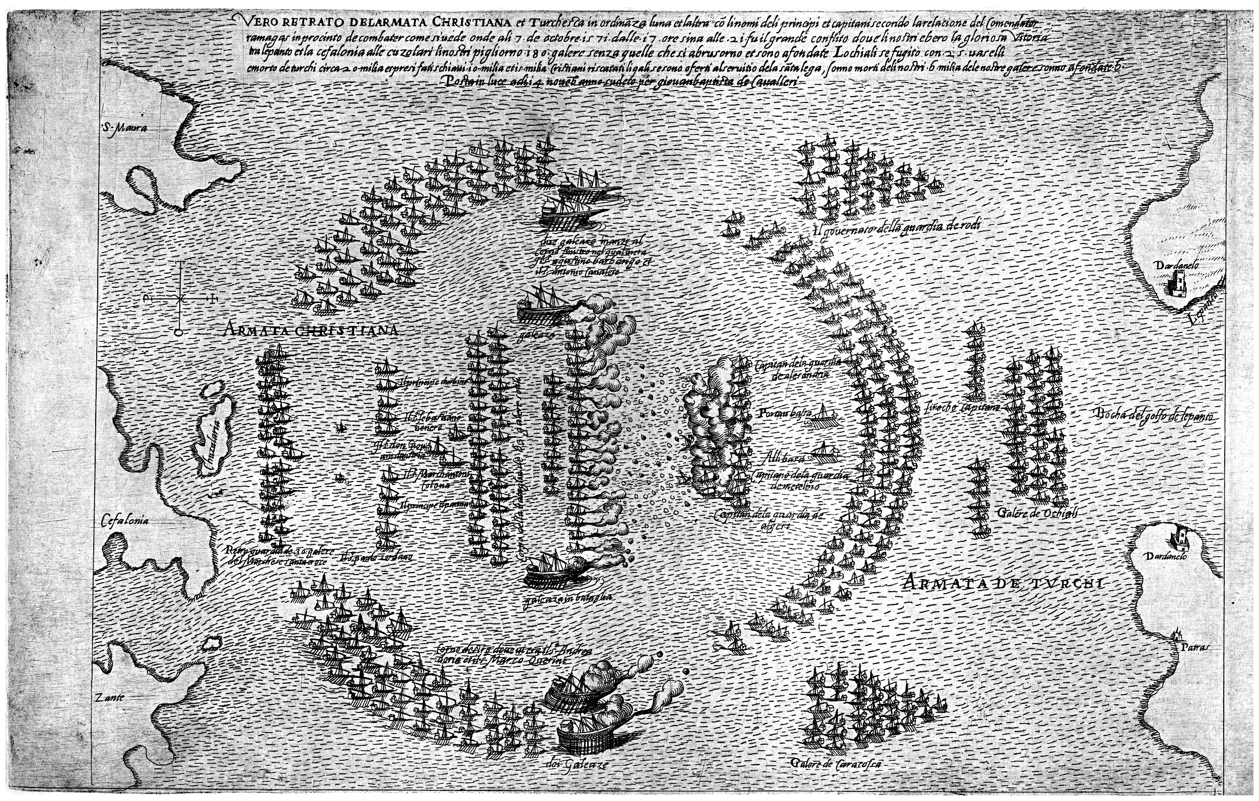Engraved Italian depiction of fleets at Lepanto (c. 1571).
