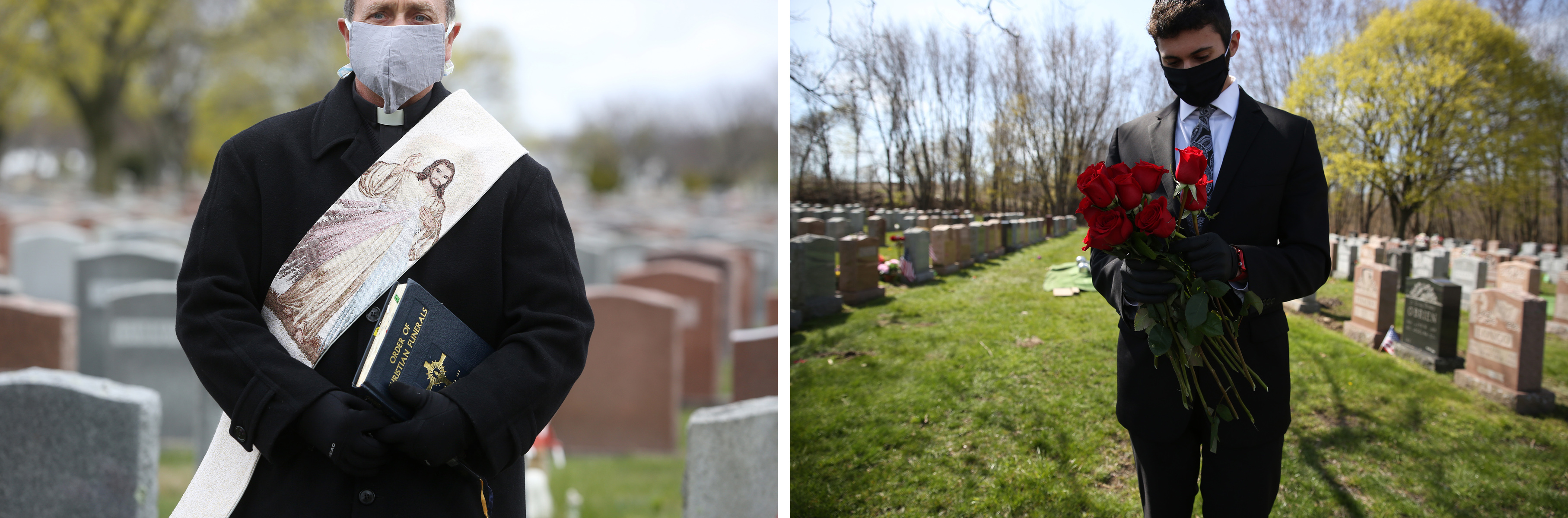 Jim Leo (left), a Deacon at St. John the Evangelist Church in Winthrop stood beside the casket of a man who died of coronavirus. At right, Matt Tauro held onto roses to give out to family members at Holy Cross Cemetery for Annette Nazzaro's funeral.