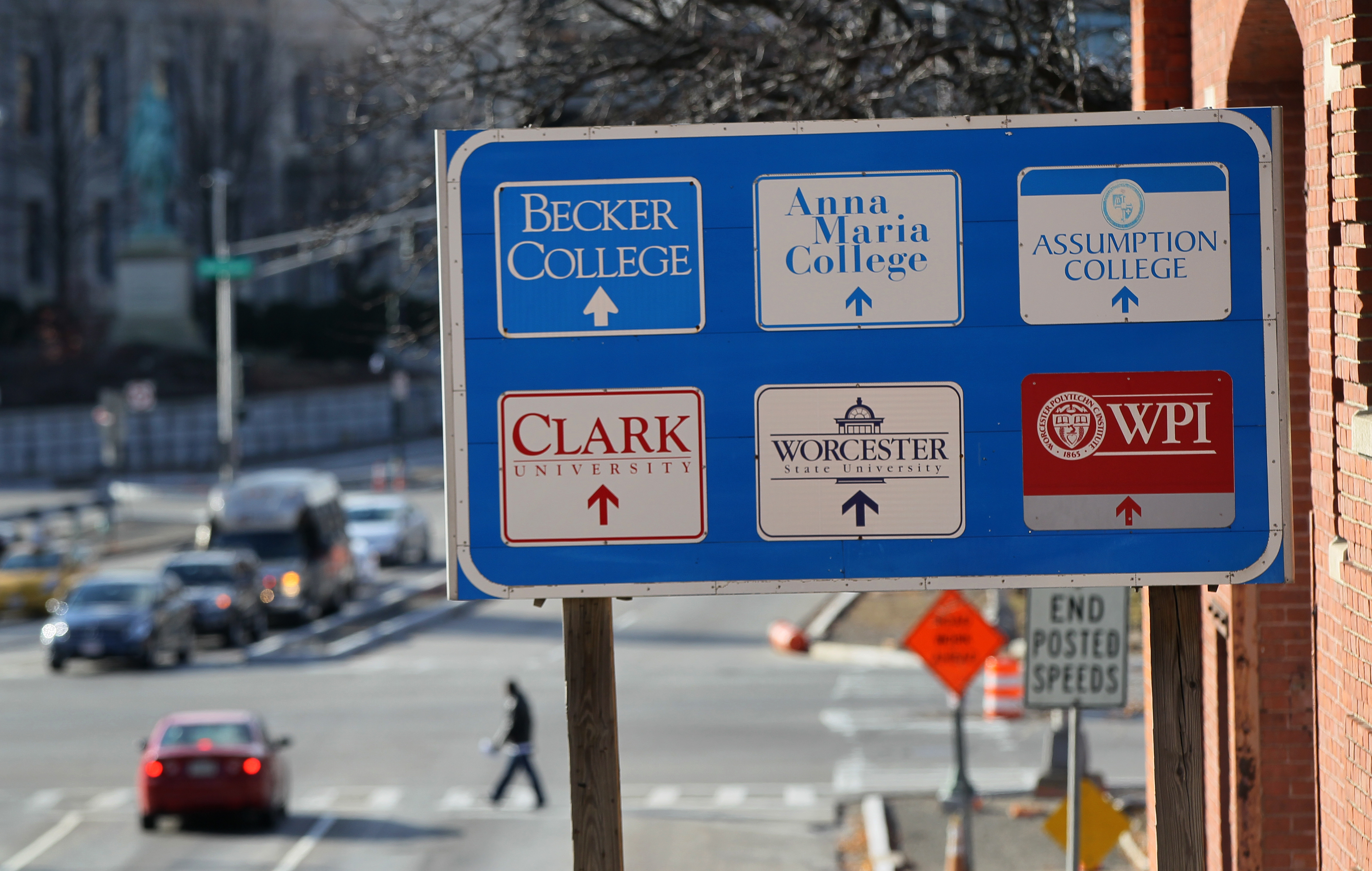 A sign pointed to some of the city’s wealth of higher education institutions.