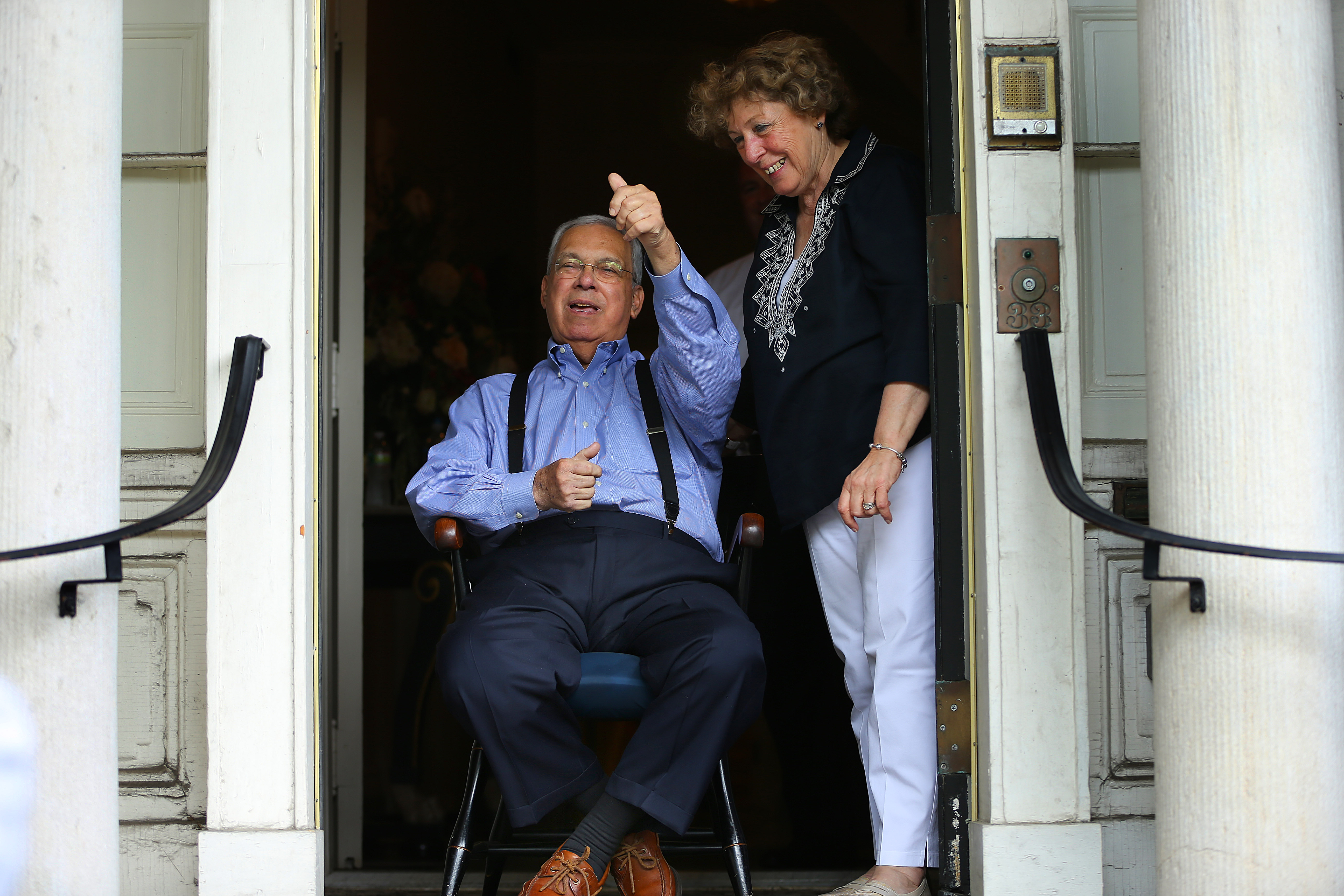 Mayor Thomas M. Menino viewed the parade from the entrance of the Parkman House with his wife, Angela.