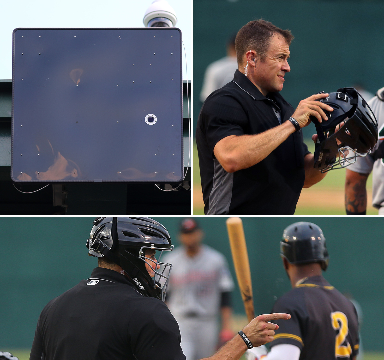 A piece of radar equipment is used to read balls and strikes. The resulting call is fed to the umpire via an earpiece and he verbally announces it for the crowd and players.