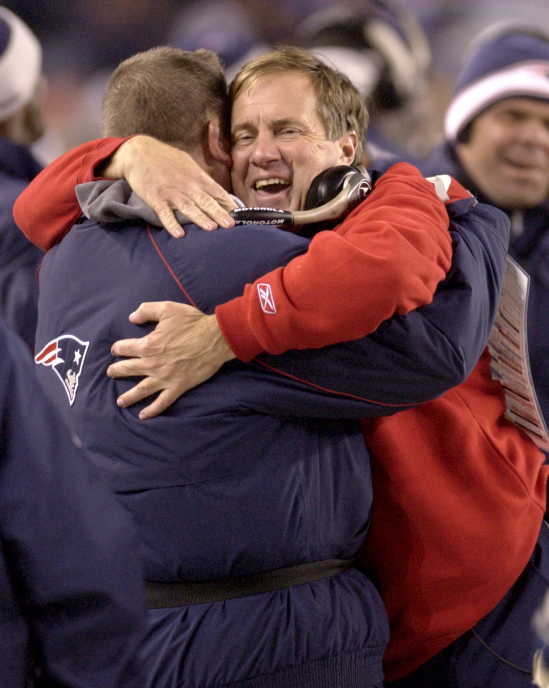 Bill Belichick celebrated with offensive coordinator Charlie Weis after the win.