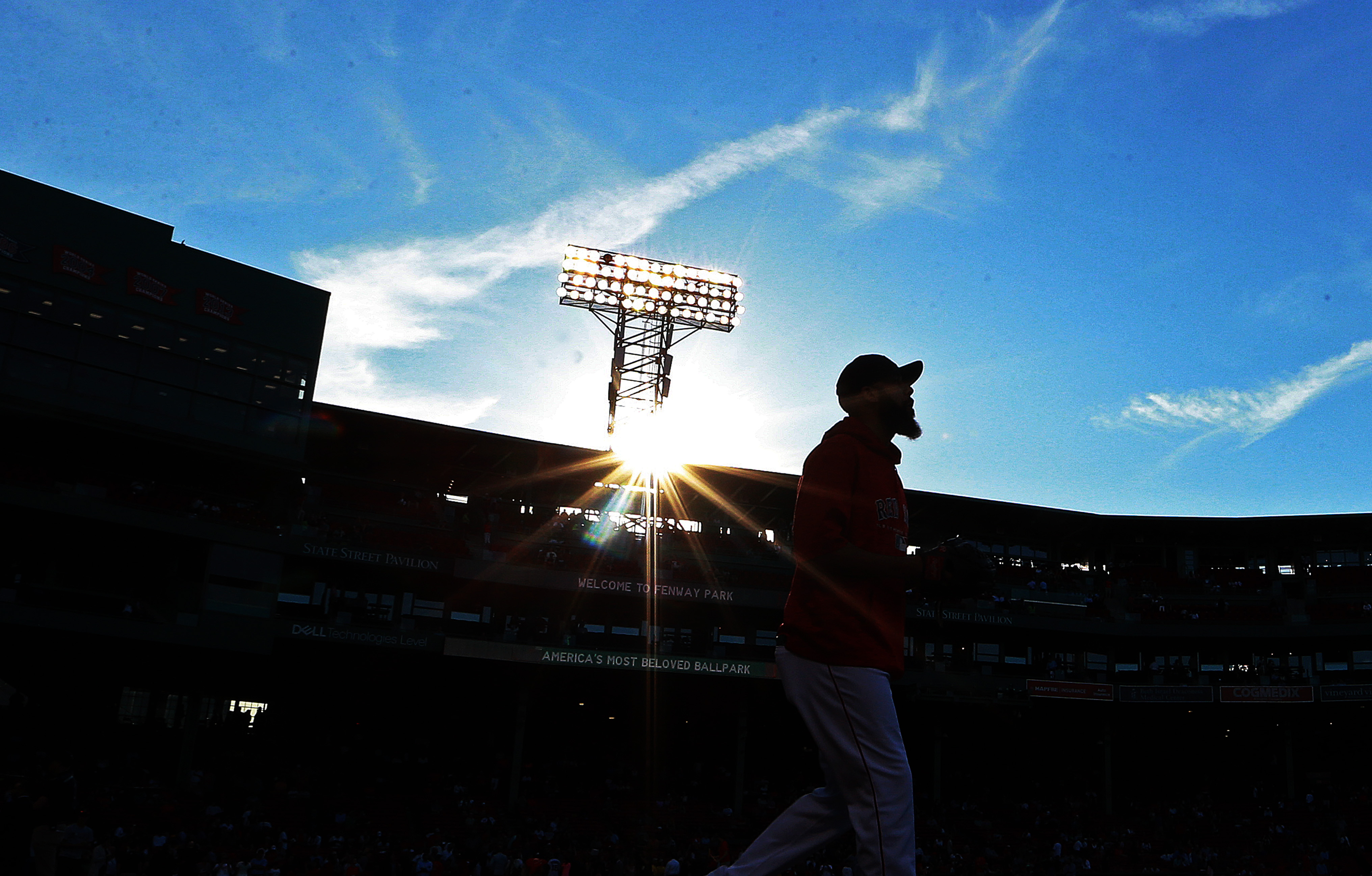 Fenway Park at sunset.