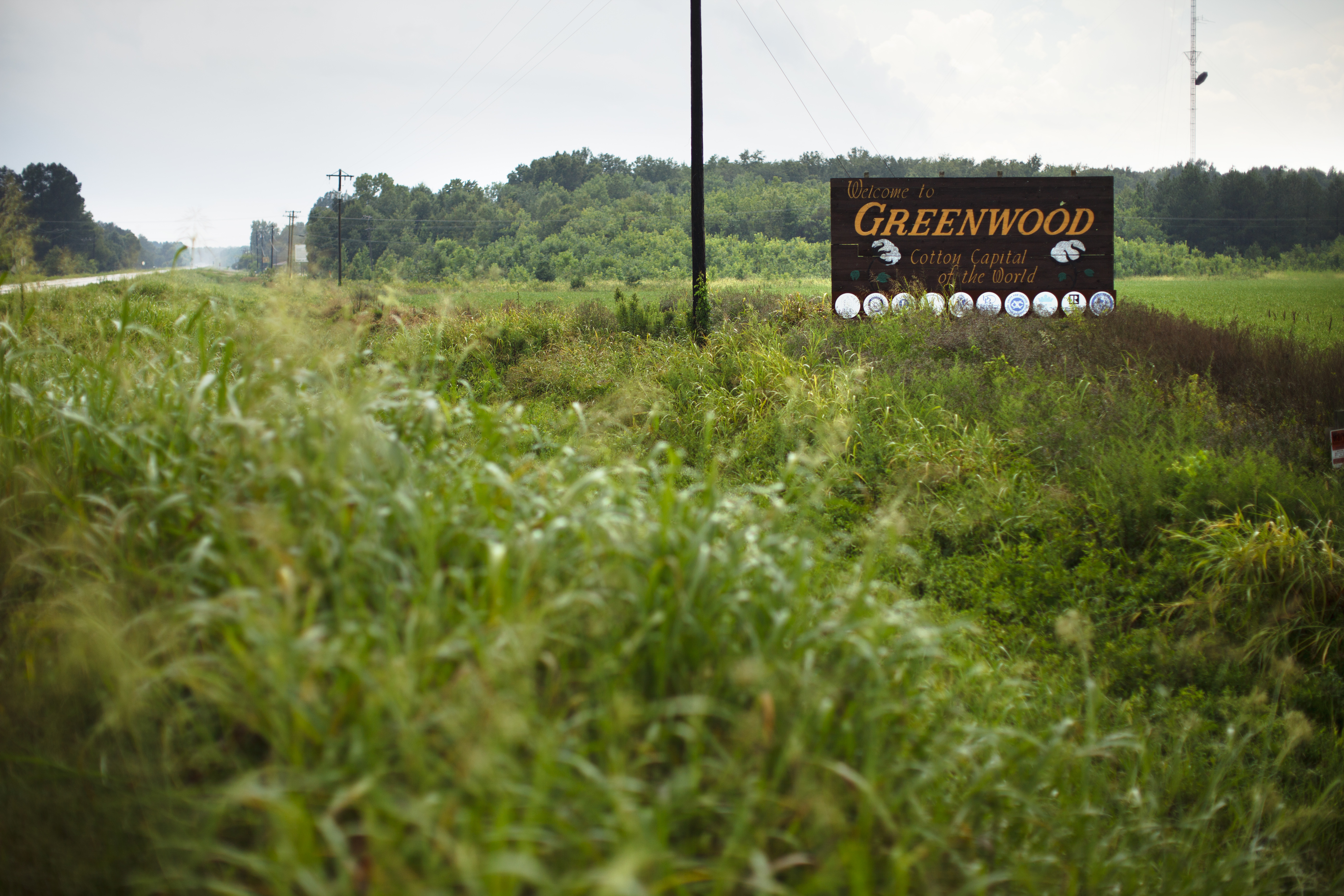 A sign on Route 7 greets drivers as they enter Greenwood, Miss.