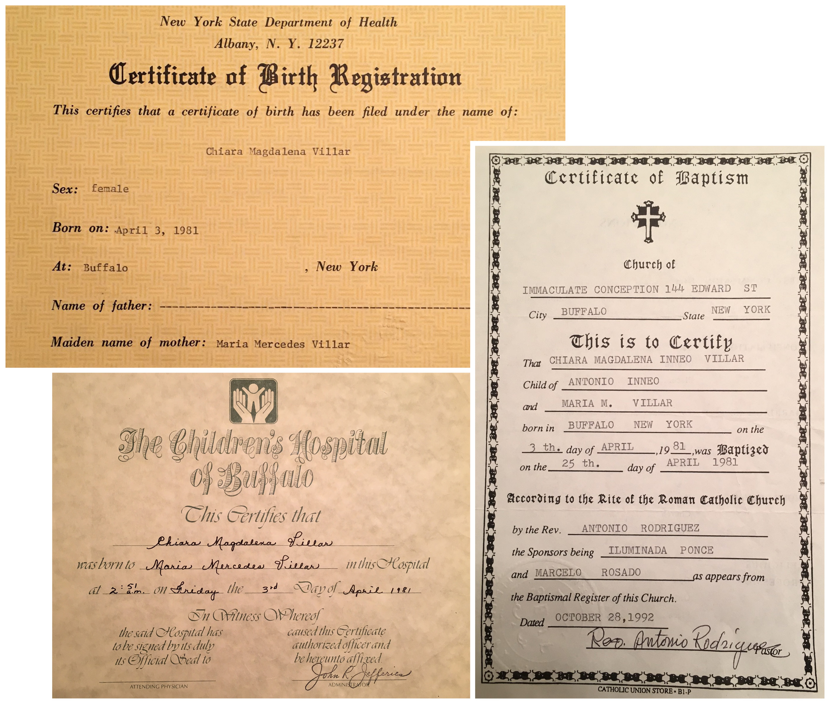 Chiara Villar's birth and baptismal certificates.