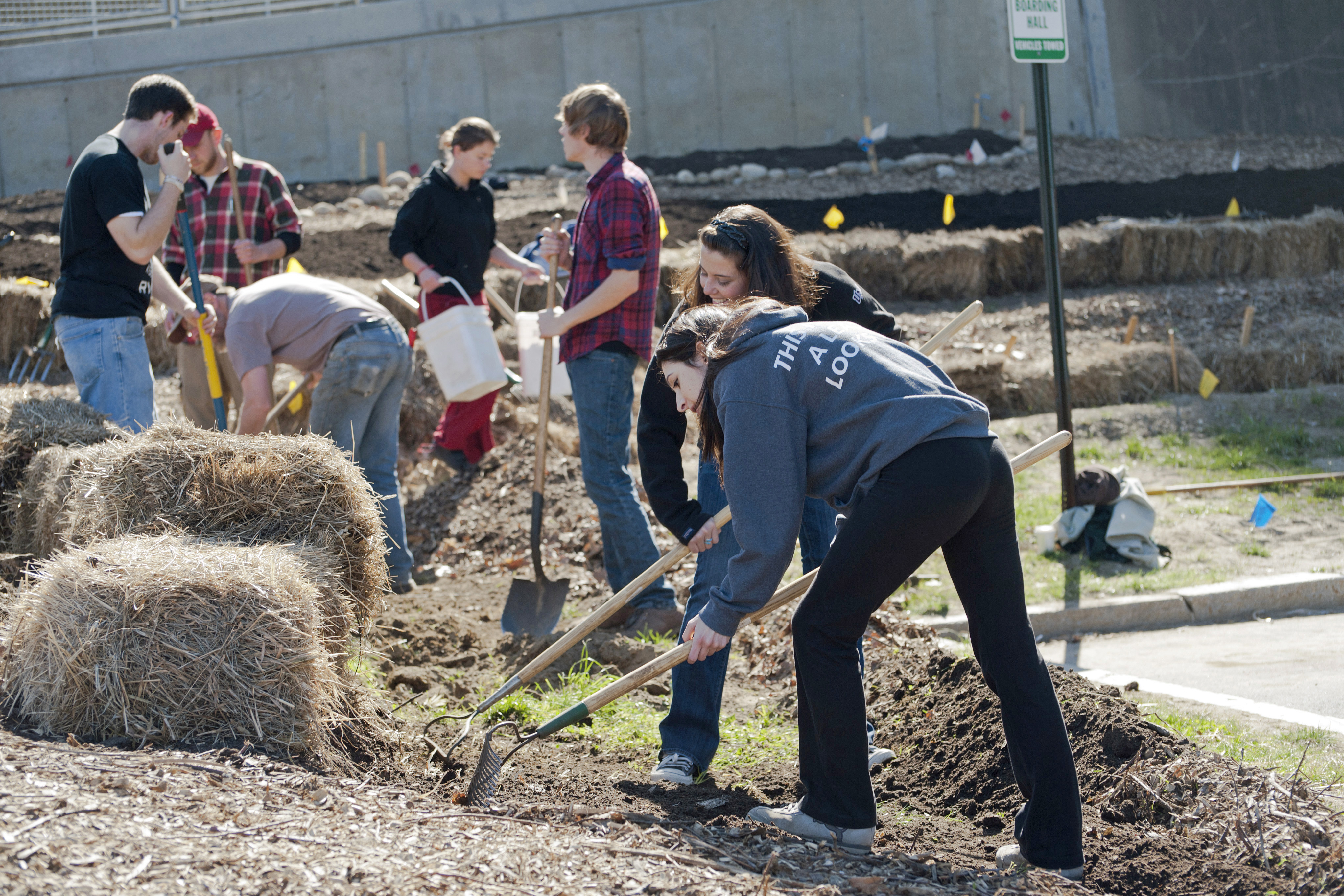 Student Gabrielle Cook, foreground, and other students and volunteers prepare planting beds.