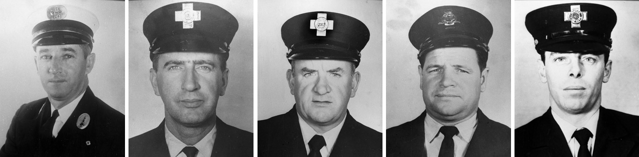From left, Fire Lieutenants John J. McCorkle, 40, and John J. Geswell, 40, along with Firefighters Francis L. Murphy, 42, James B. Sheedy, 38, and Robert J. Clougherty, 31, were killed in the fire.