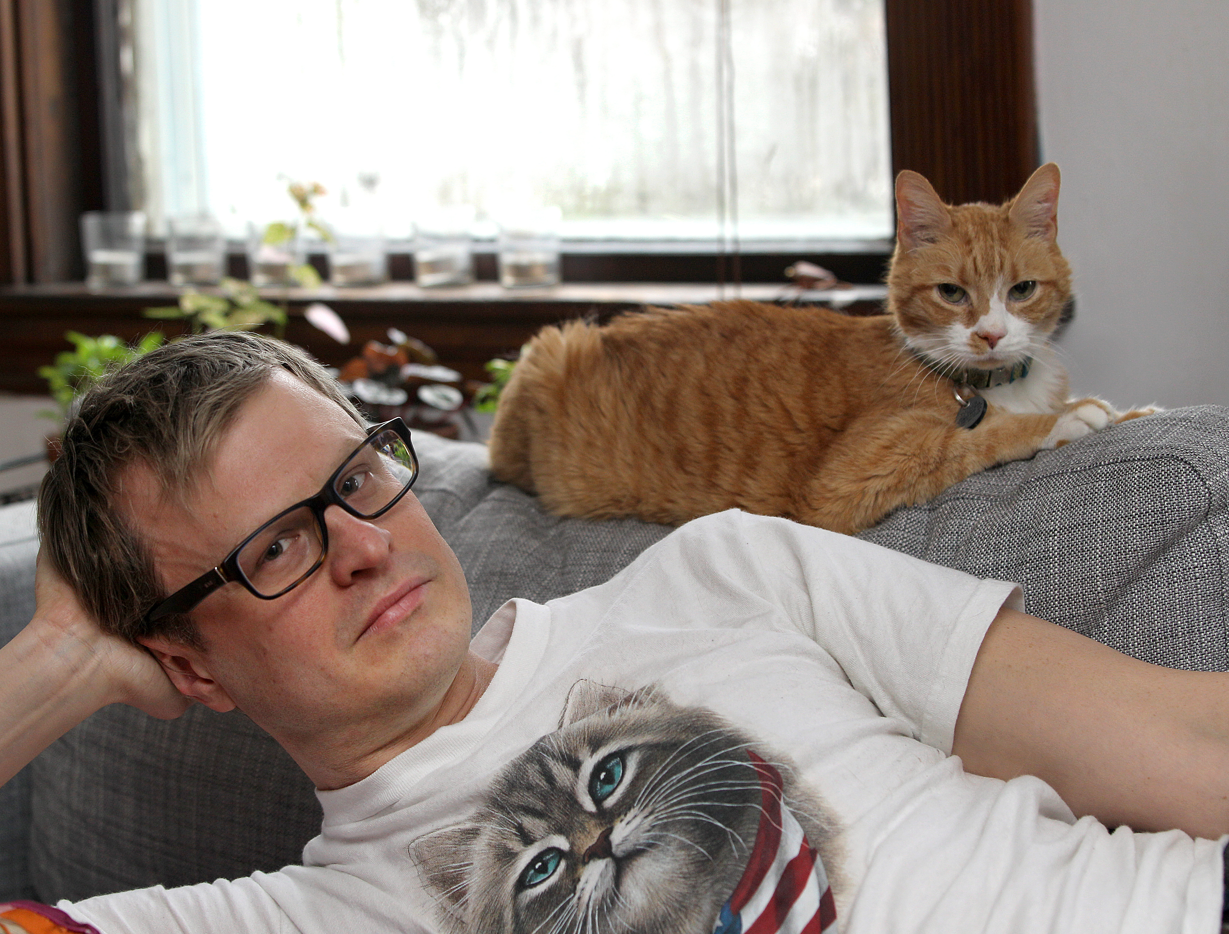 Jef Czekaj with Tucker. Czekaj will be emcee for the Somerville Internet Copycat Festival on Sunday.
