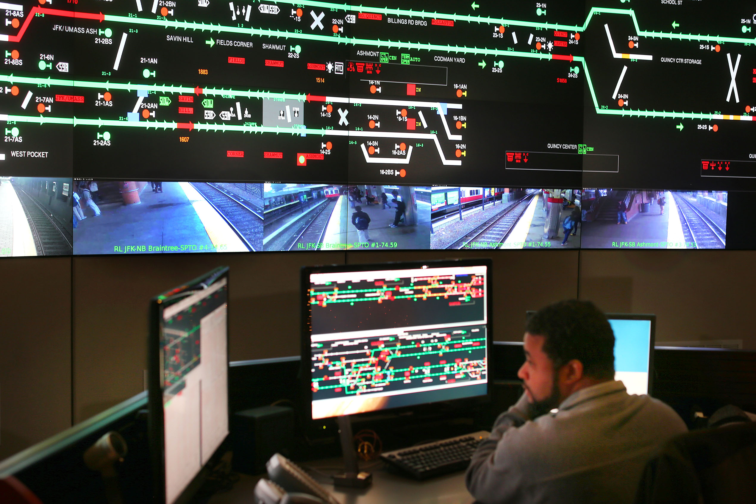 Inside the MBTA’s Operations control room in downtown Boston where a dispatch team was able to bring the runaway train to a stop. A dispatcher monitored the red Line trains and the far left monitor showed the Braintree T Station stop.