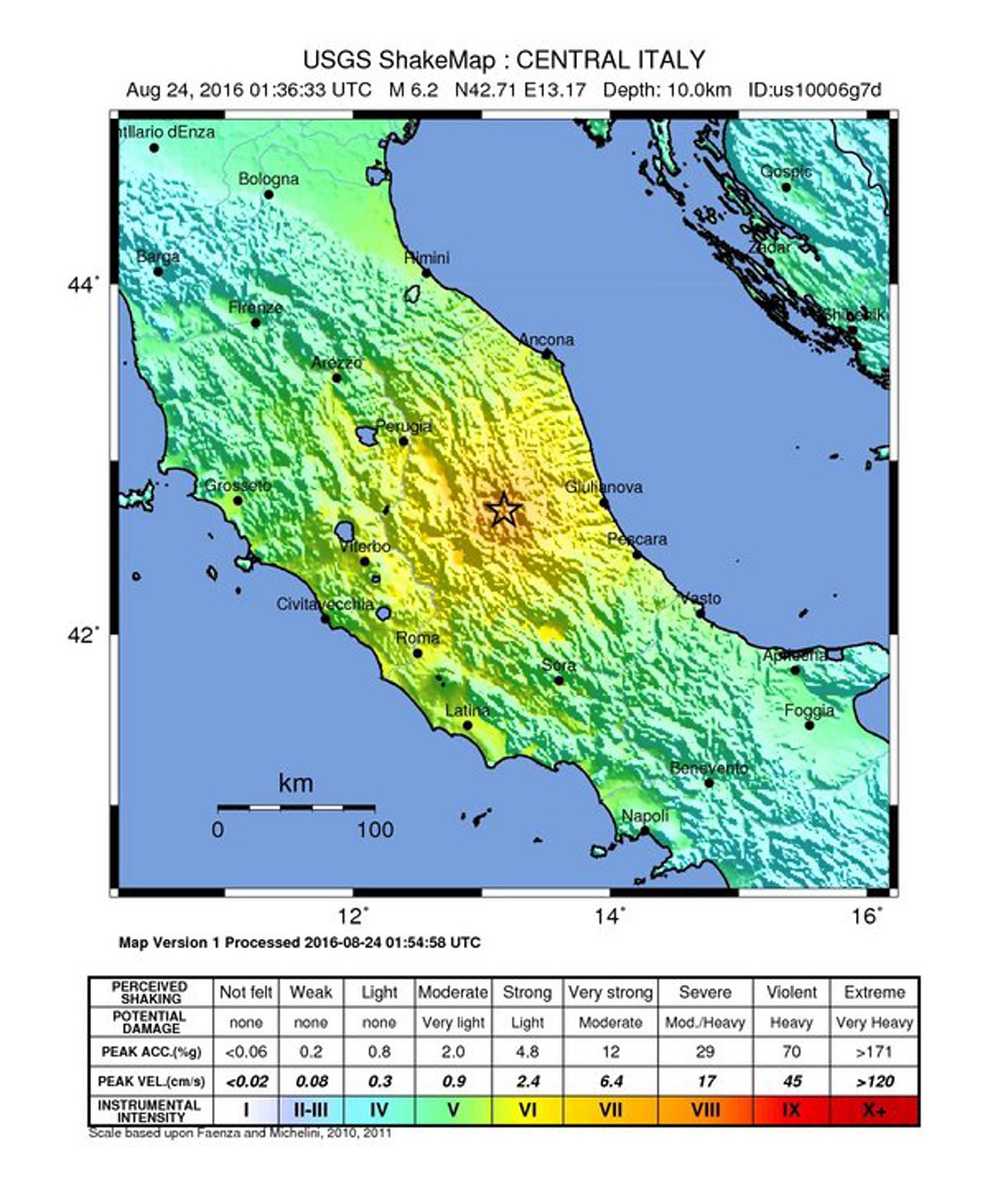 A handout released by the US Geological Survey shows the location of a 6.2 magnitude earthquake in Italy.