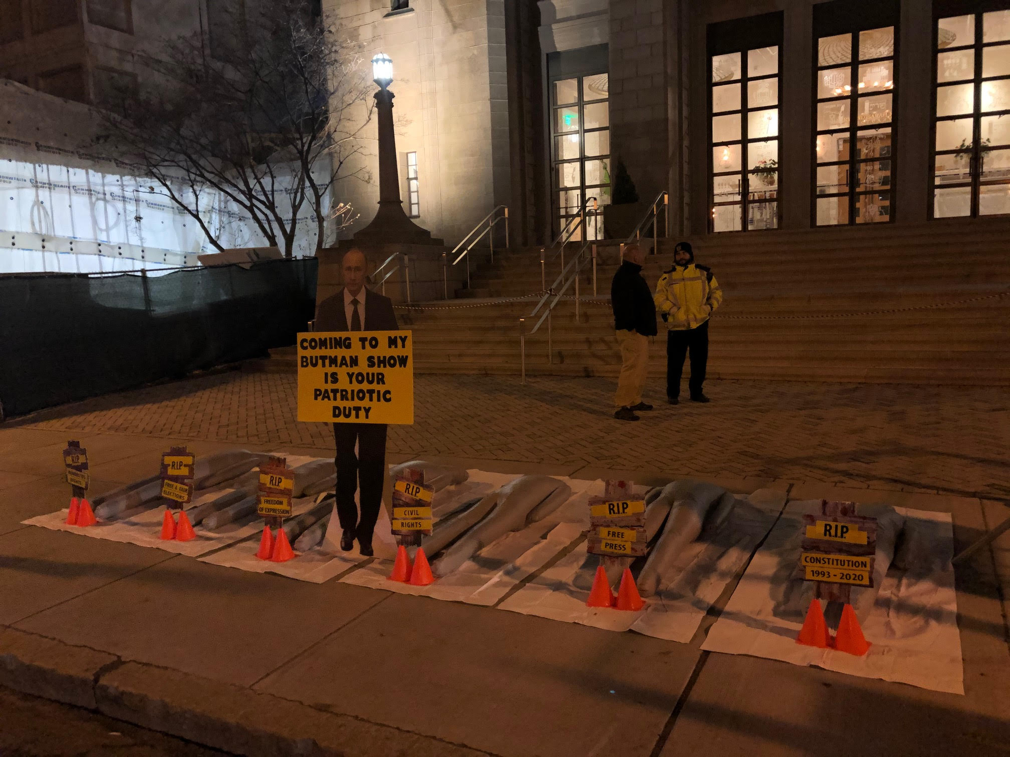 A Putin cutout greeted concertgoers at Center Makor in Brookline Wednesday night.