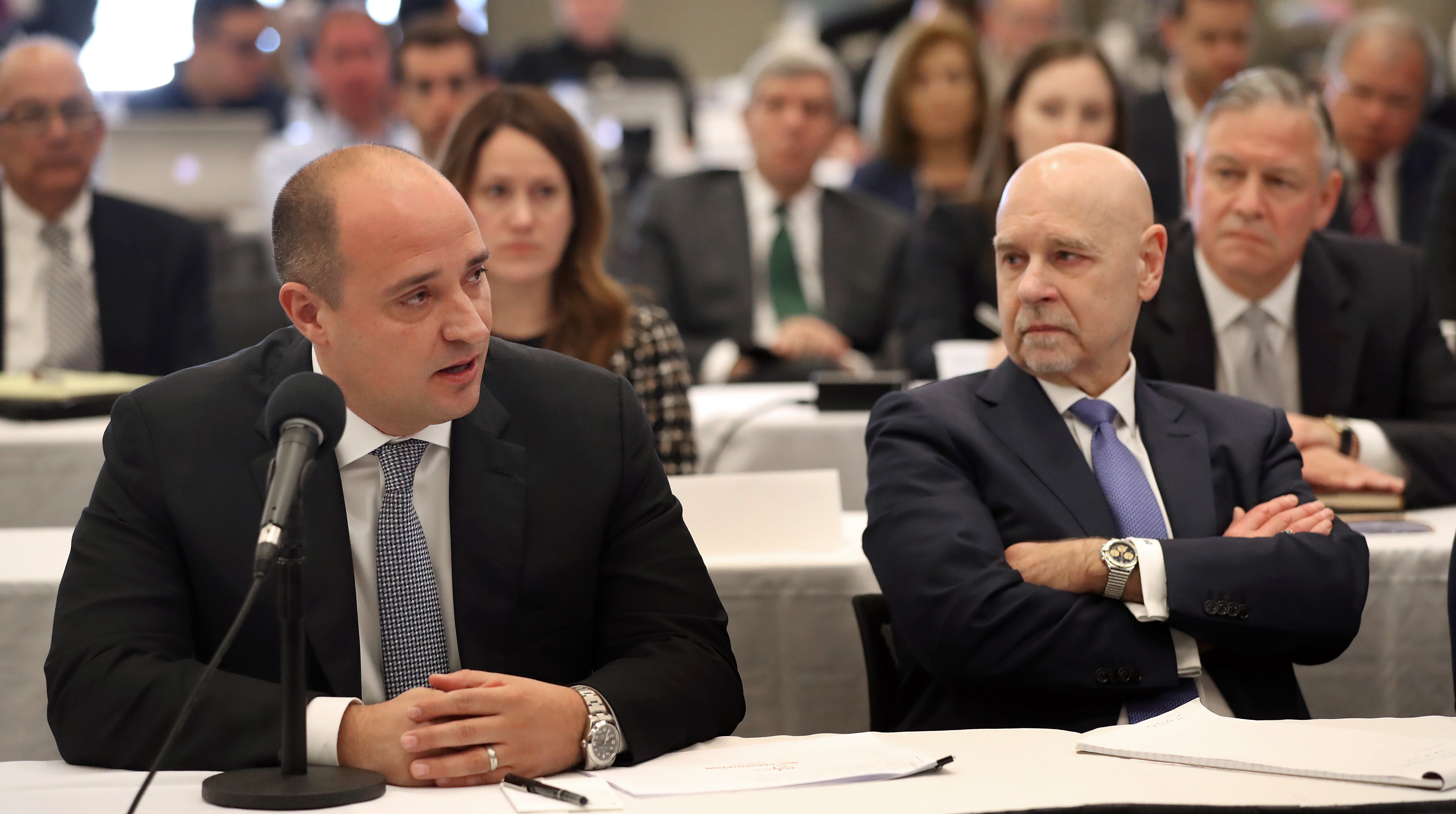 President, CEO, and Board Member of Wynn Resorts Limited Matthew Maddox (left) spoke to the commission on the first day of the Massachusetts Gaming Commission's three-day hearing.