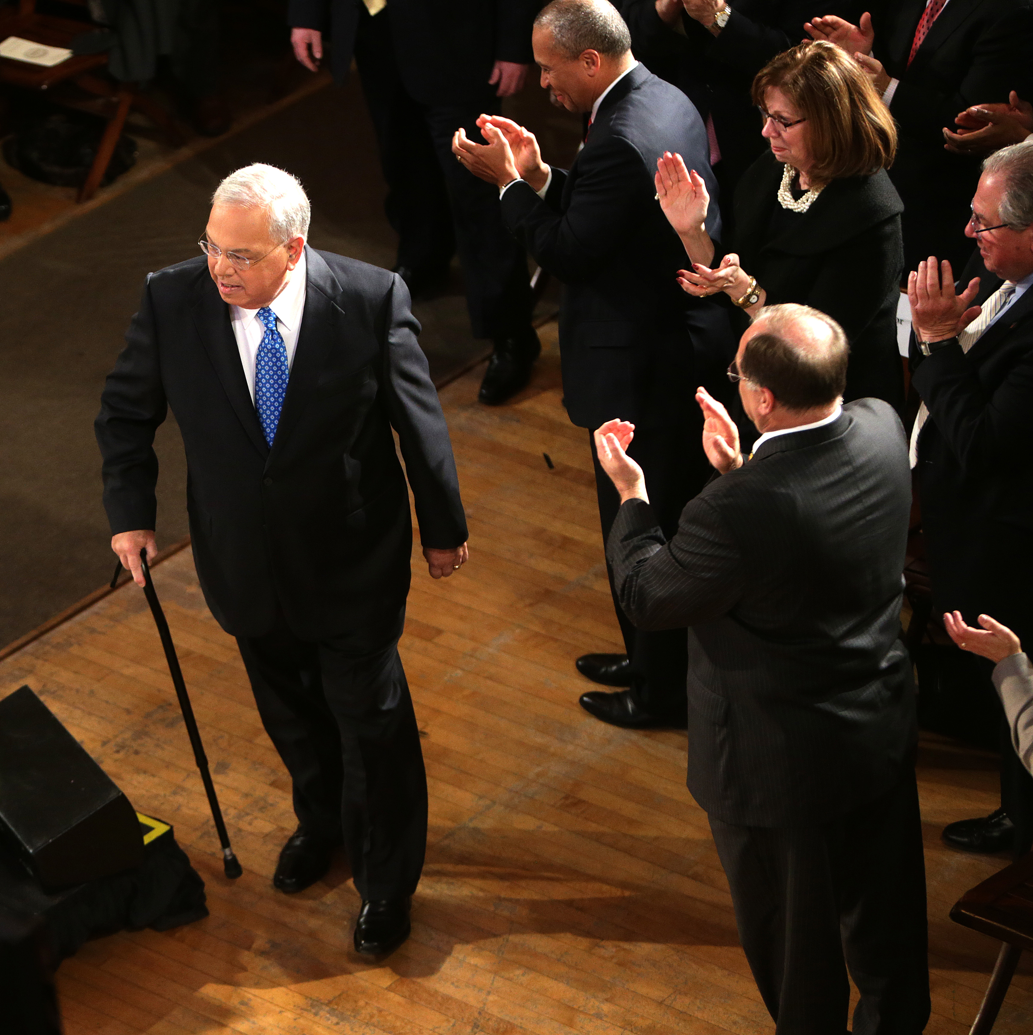 Boston Mayor Thomas M. Menino walked o the podiun to deliver his annual State of the City address at Faneuil Hall.