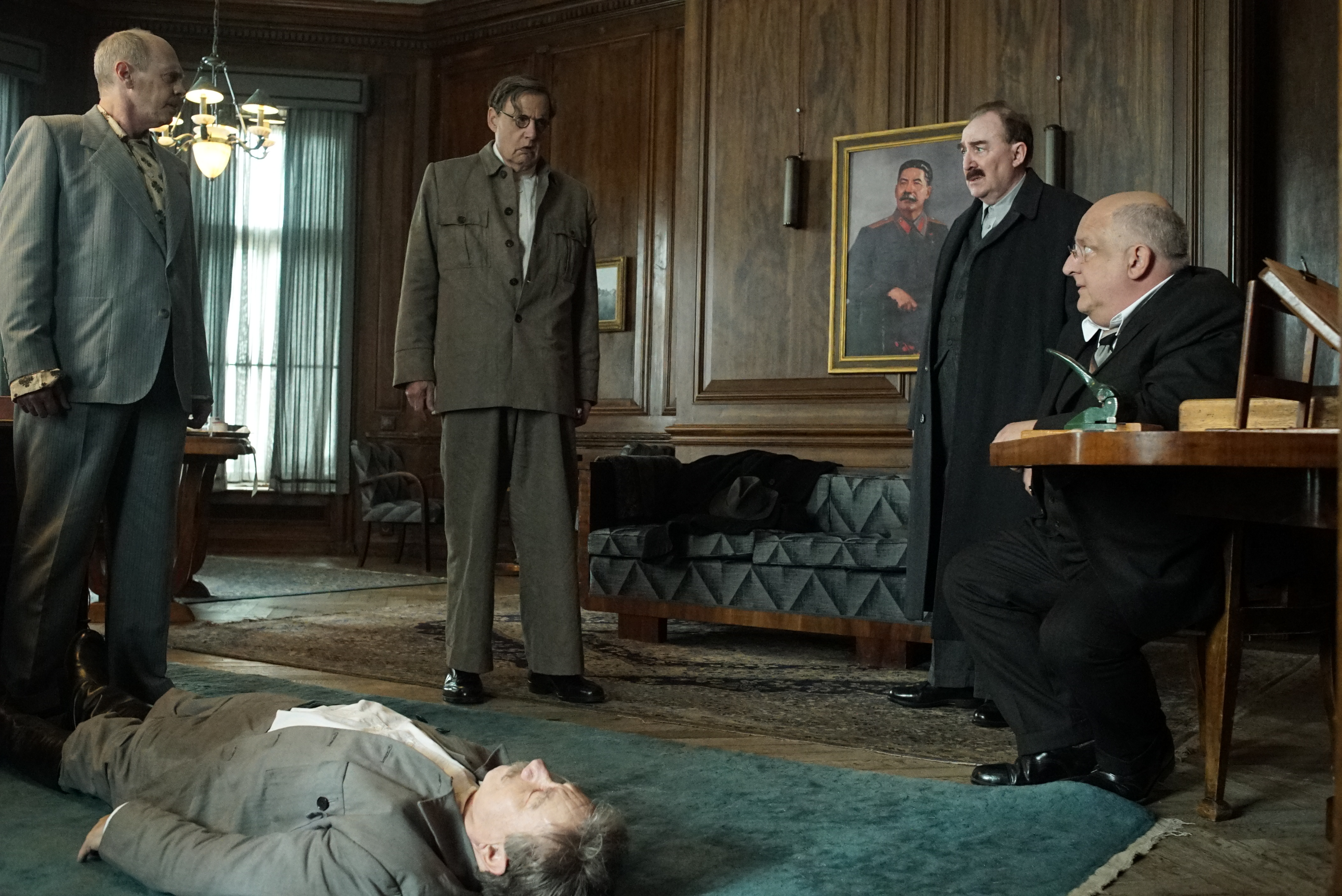 From left: Steve Buscemi, Adrian McLoughlin (on floor), Jeffrey Tambor, Dermot Crowley, and Simon Russell Beale in "The Death of Stalin."