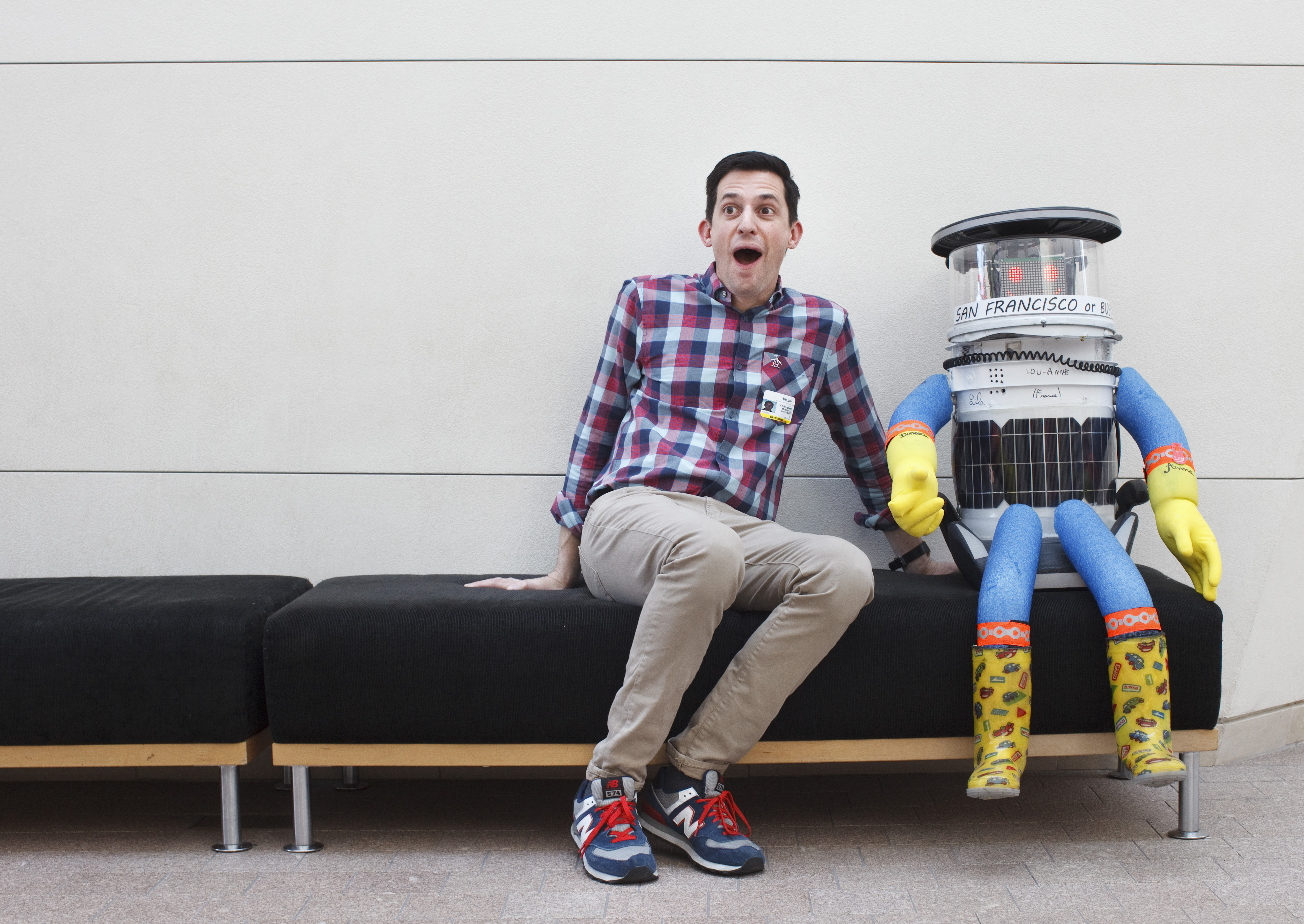 The author and hitchBOT in Salem, ready to roll.