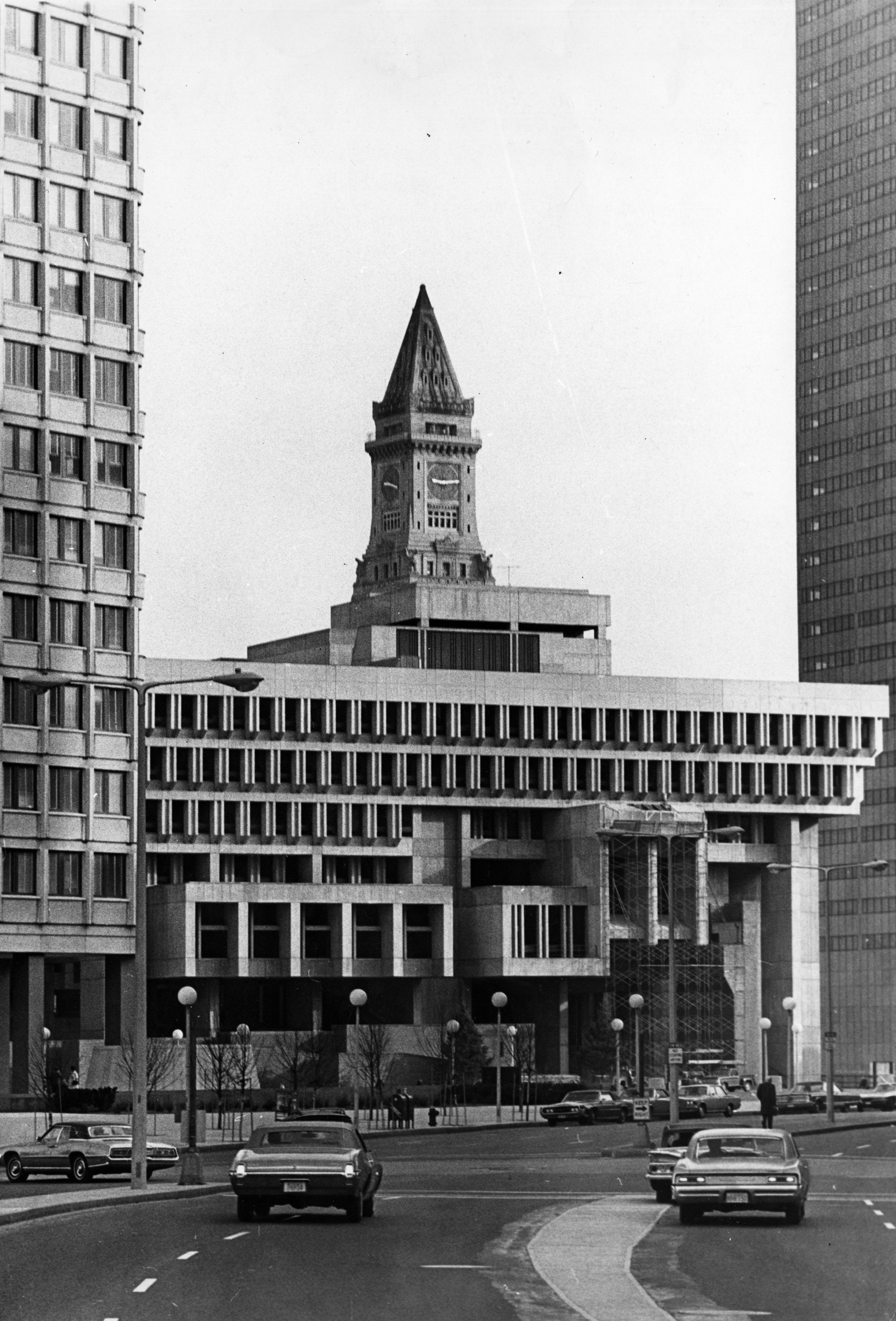 Then-new Boston City Hall in 1969, with the Custom House in the background.
