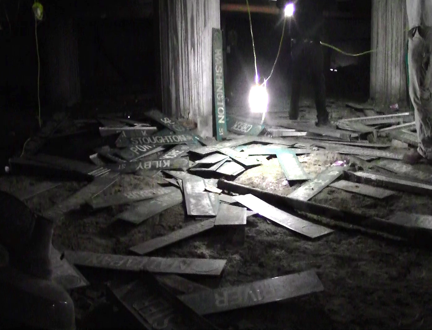 Discarded street signs littered a lower floor of the building on Friday.