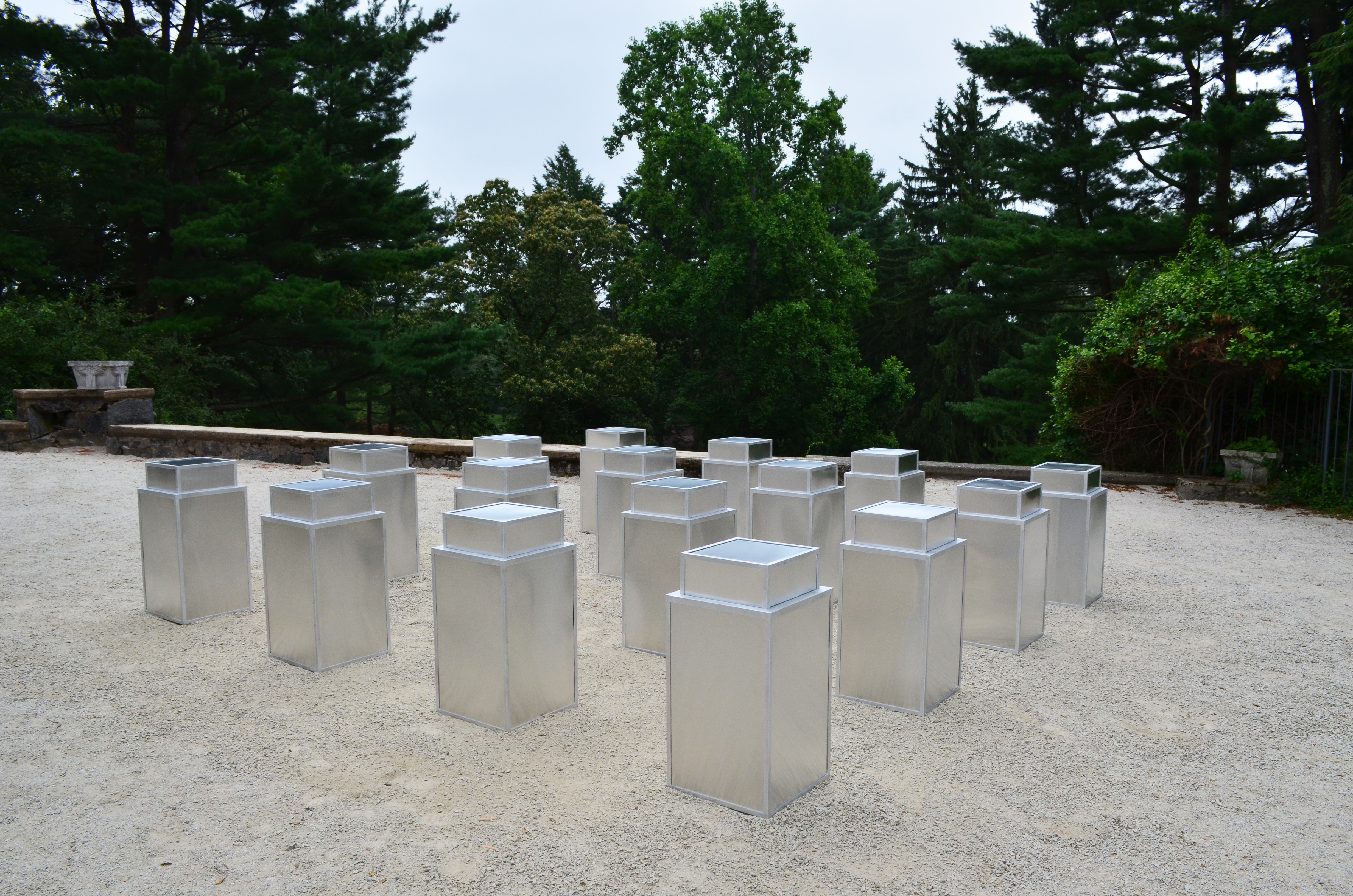 ”Untitled (16 Garbage cans)” made with park trash receptacles.