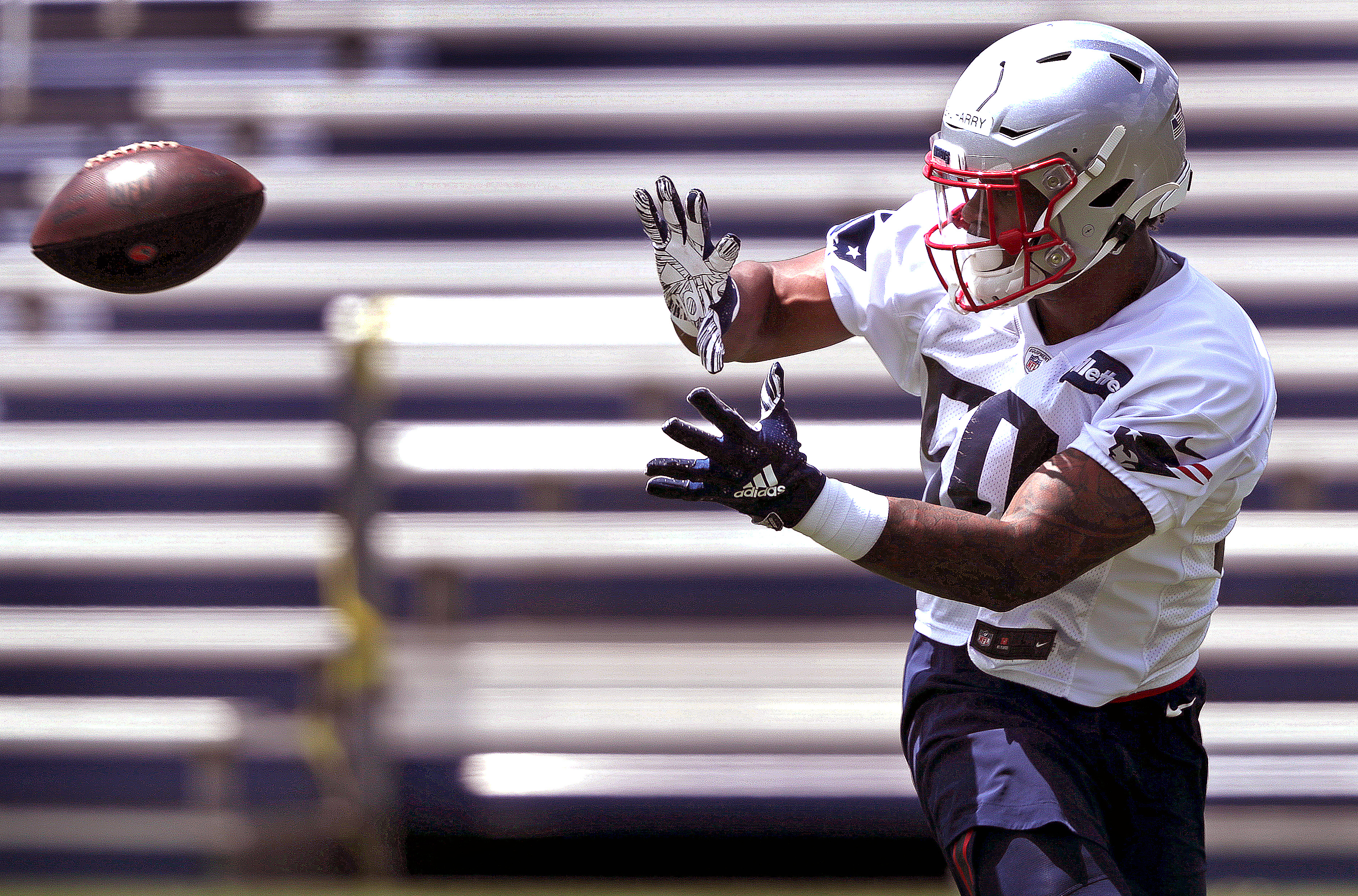 Patriots wide receiver N’Keal Harry catches a pass during Day 1 of minicamp in Foxborough.