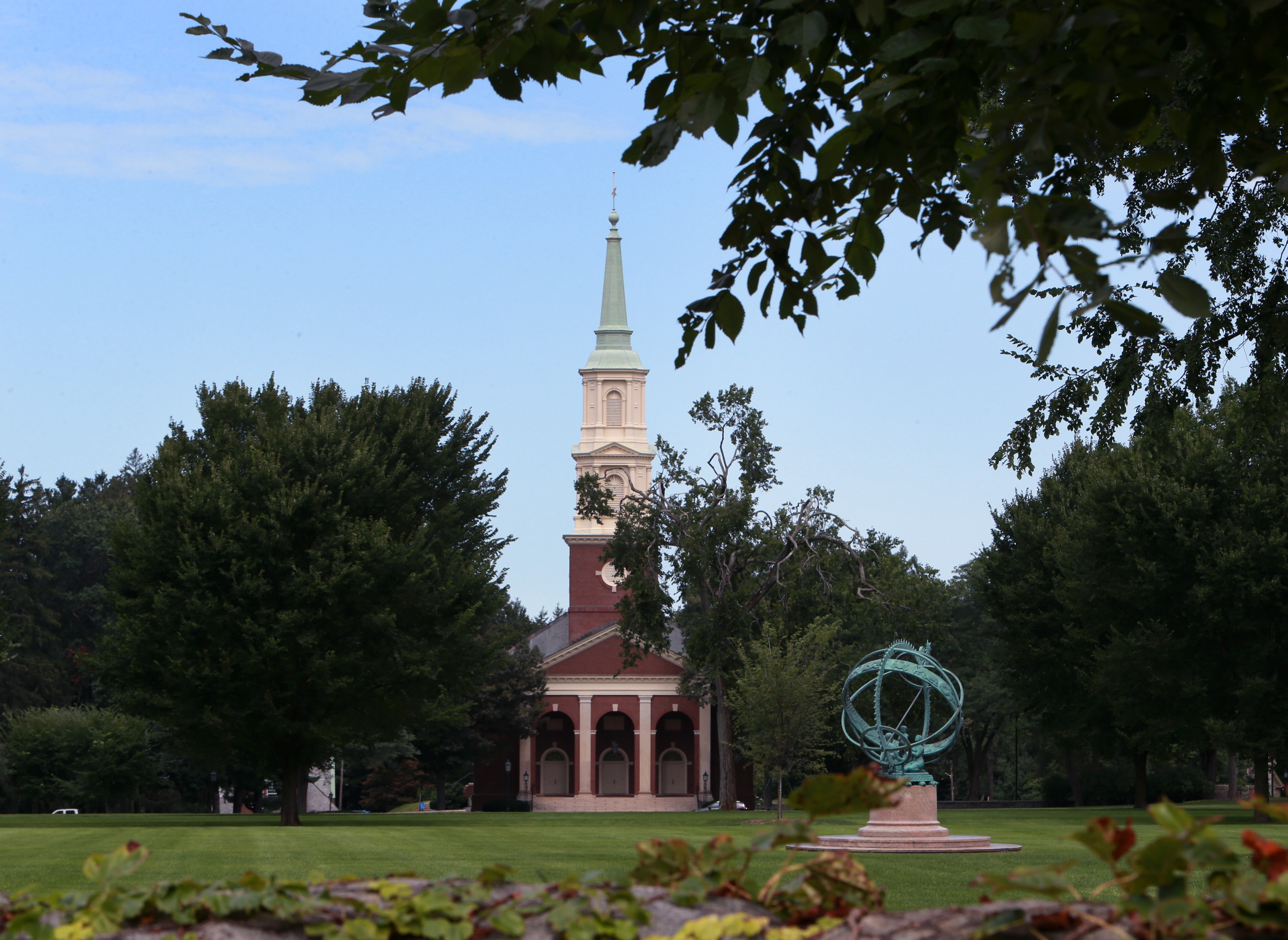 The Armillary Sphere sits in front of Cochran Chapel on the Phillips Academy campus.