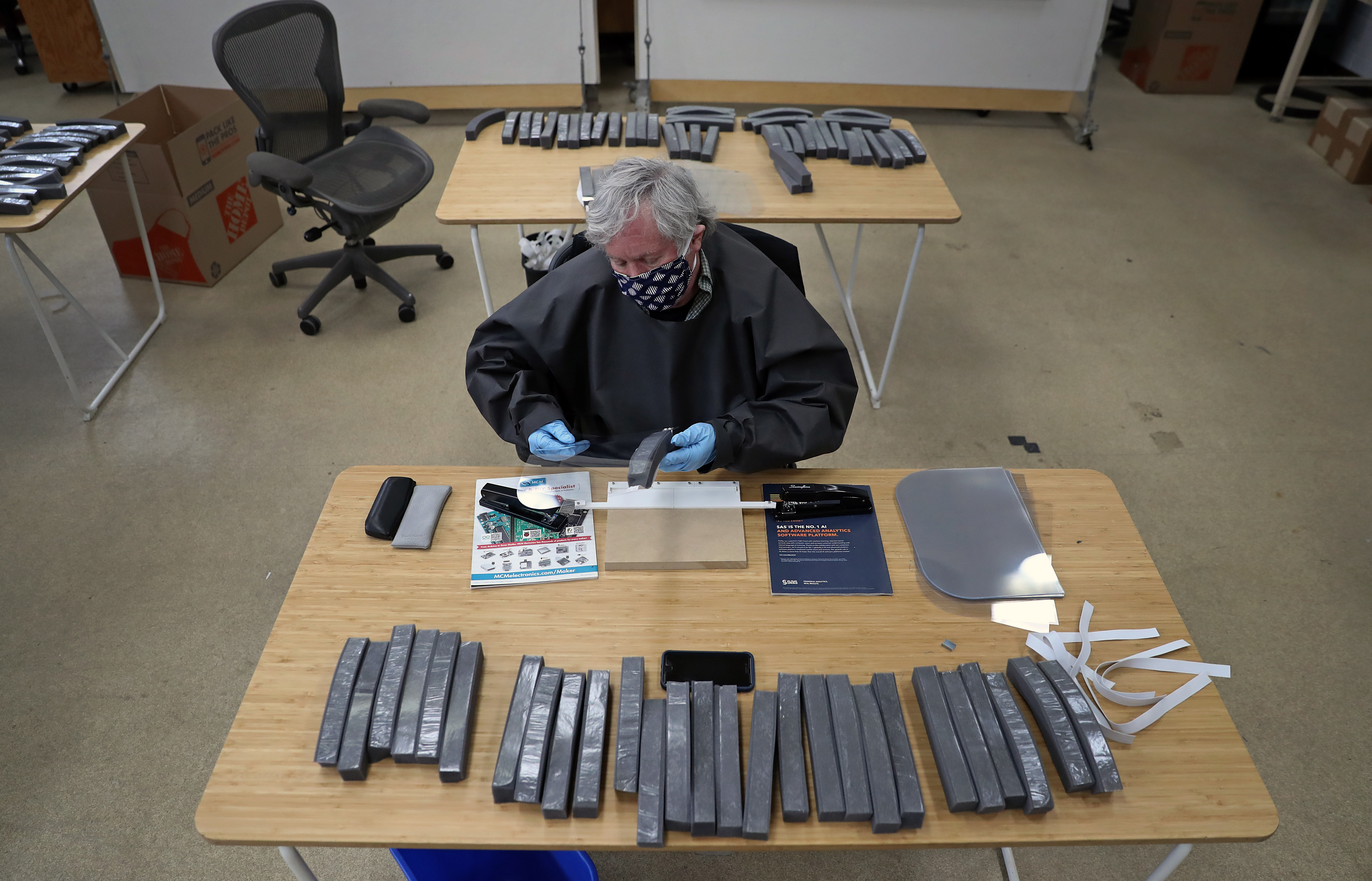 Volunteer Steve Klayman made face shields at Artisan's Asylum.