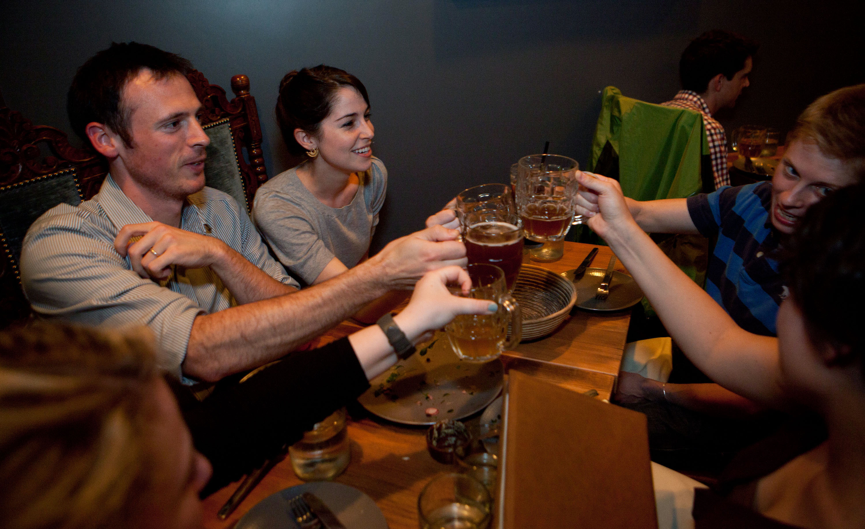 Somerville, MA -- 05/22/13 -- left to right: Amanda Winchester, Nathan Uhlenbrock(cq), Sarah Kramer, Mareike(cq) Stanitzke(cq), and Rachel Schaff(cq) share a toast at Bronwyn restaurant on May 22, 2013 in Somerville, Massachusetts. (Kayana Szymczak for the Boston Globe)