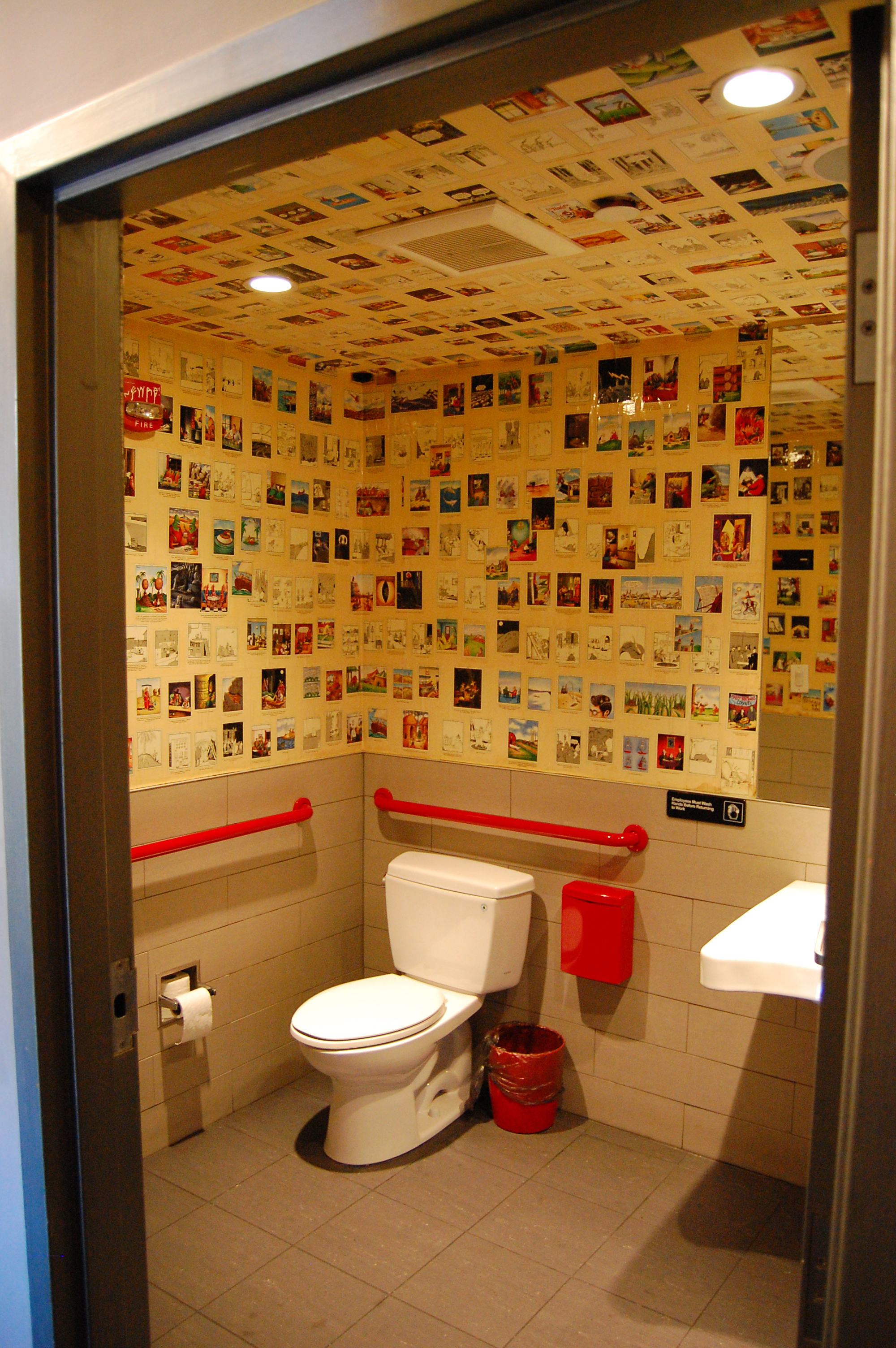The Salty Pig’s restroom walls are adorned with copies of the comic strip “The Far Side.”