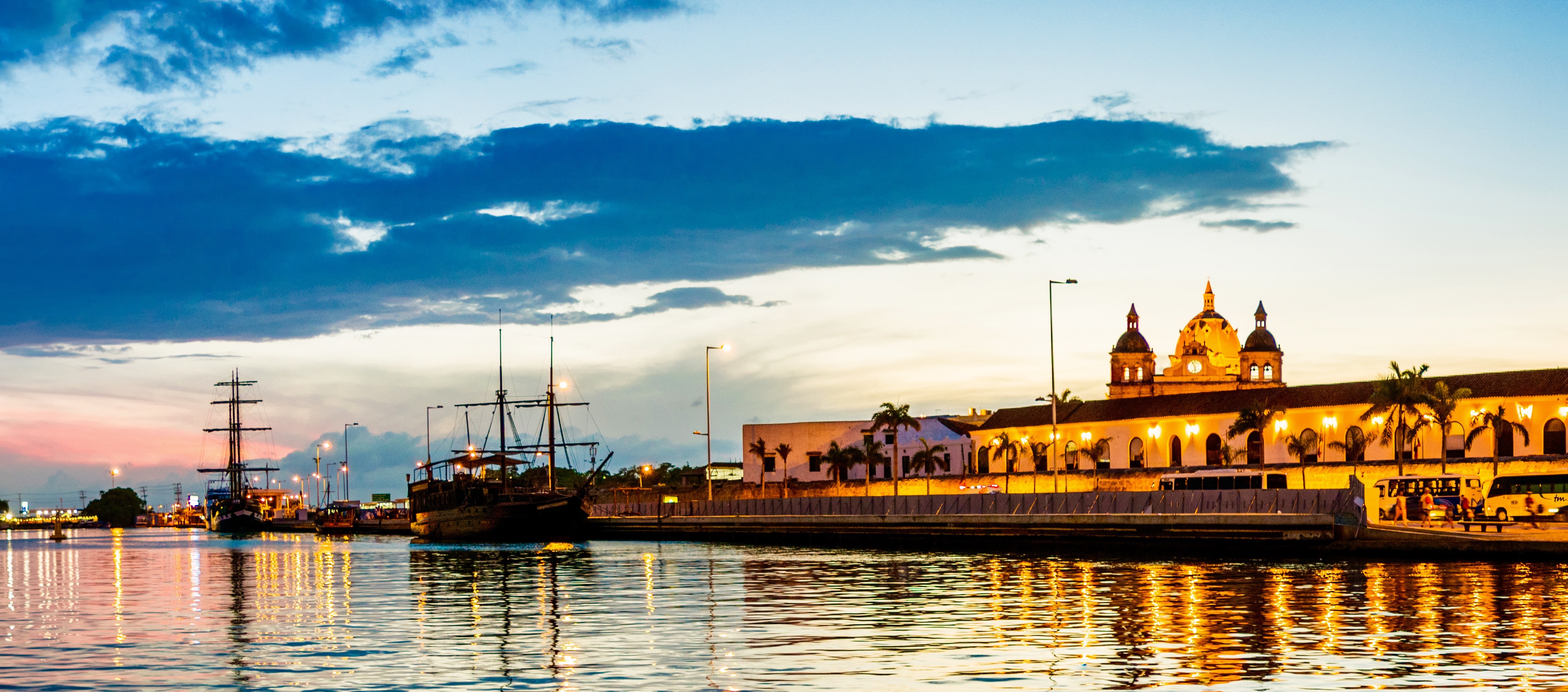 A view of ships on the water in Cartagena, Colombia.