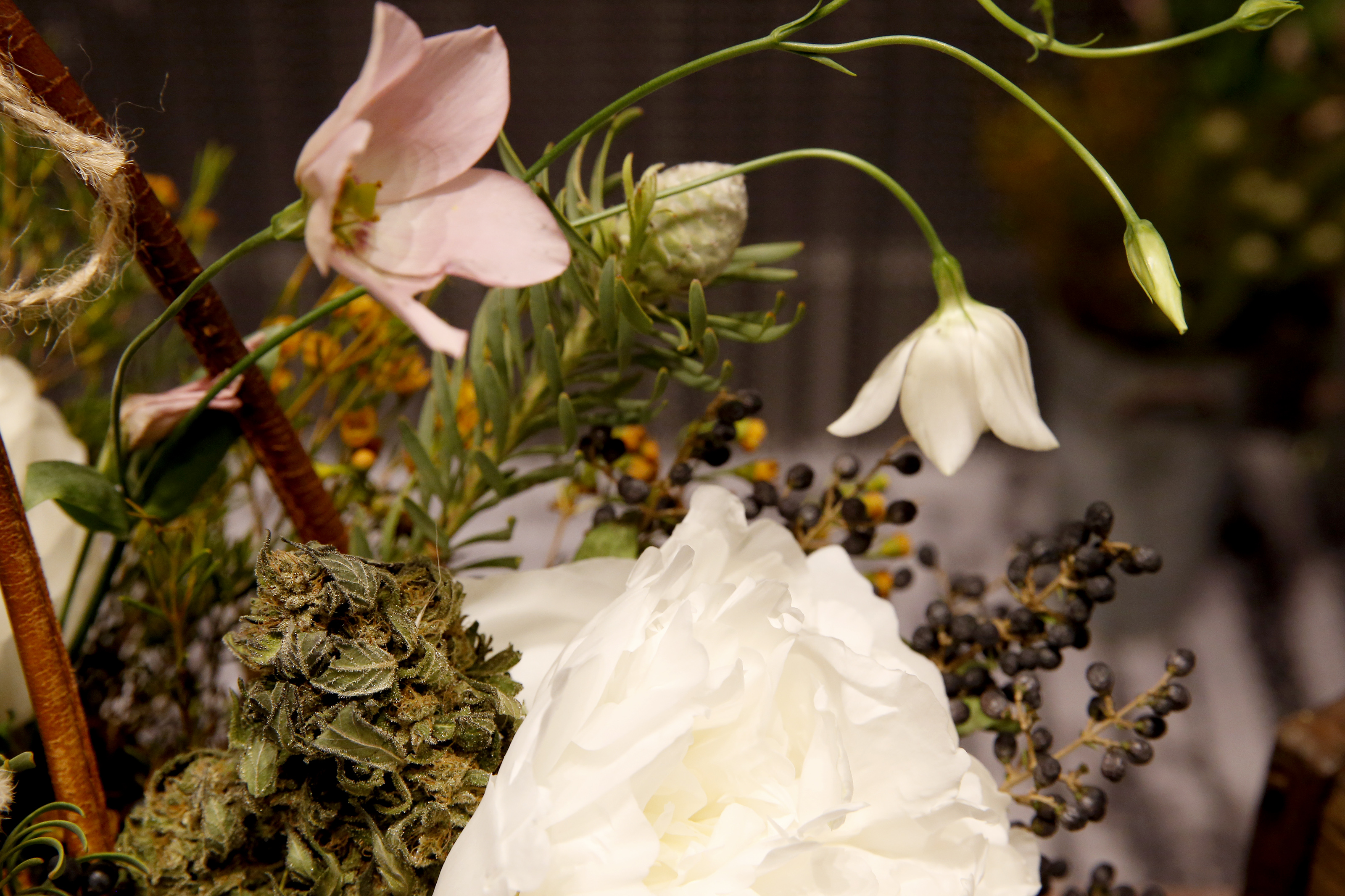 A piece of cannabis flower is seen inside a bouquet made by BeetleBug.
