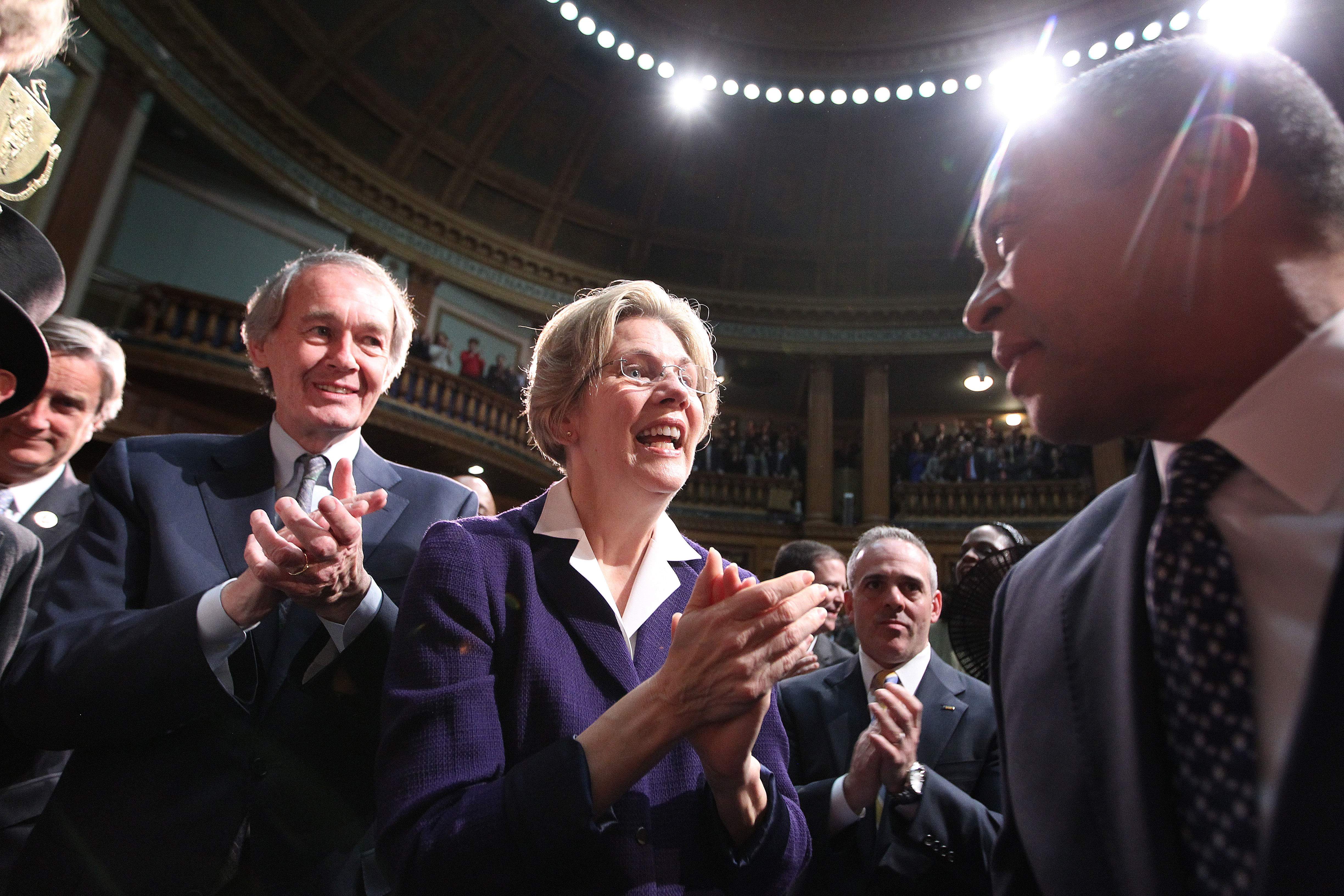 Senator Elizabeth Warren and Representative Edward Markey, who intends to run for US Senate, greeted Patrick as he arrived in the House chambers.