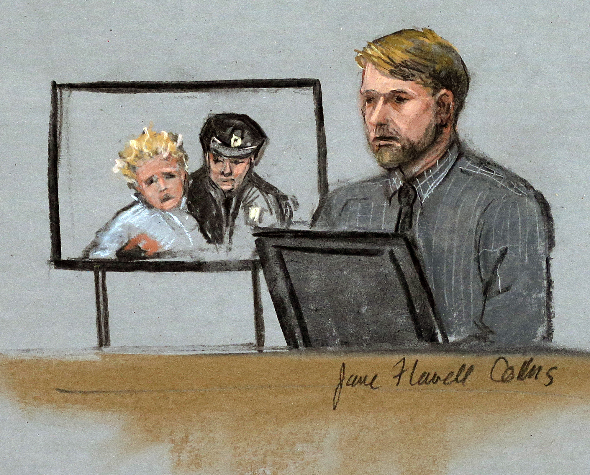 Bombing survivor Steve Woolfenden is depicted on the witness stand beside a photo of his injured son Leo being carried to safety while testifying Thursday.