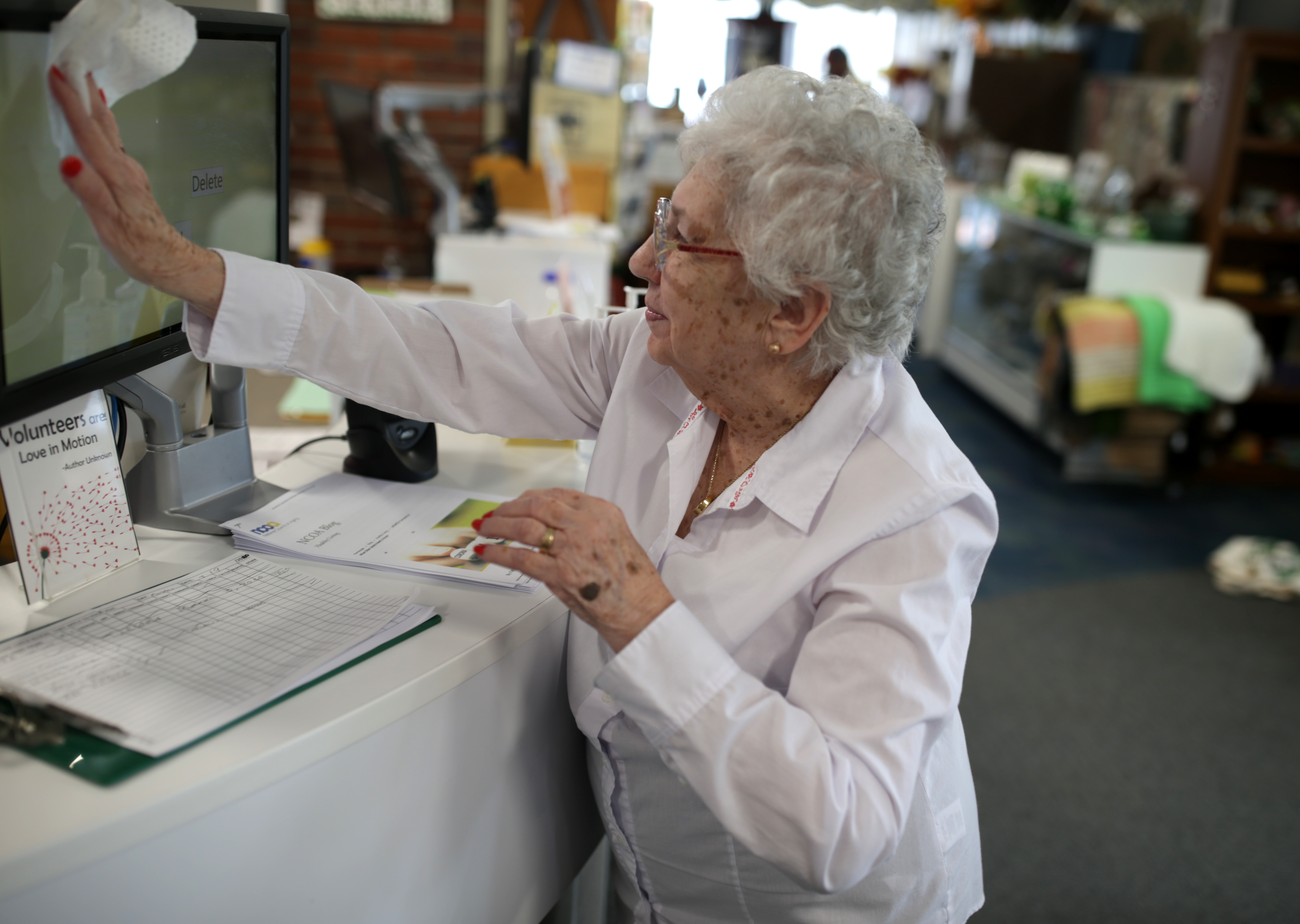 Irene Rondeau wiped down an area at the Billlerica Senior Center.