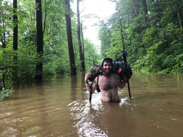 Bobby O'Donnell crosses a creek in Swatara Gap, Penn., along the Appalachian Trail.