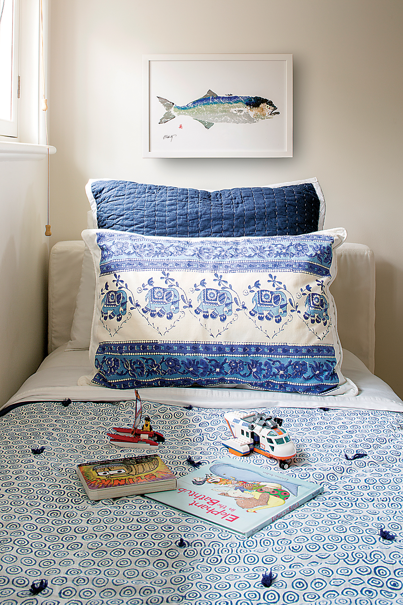 Sayeed designed this hand-blocked bedding, which was printed in India and sewn at a Boston workroom.
