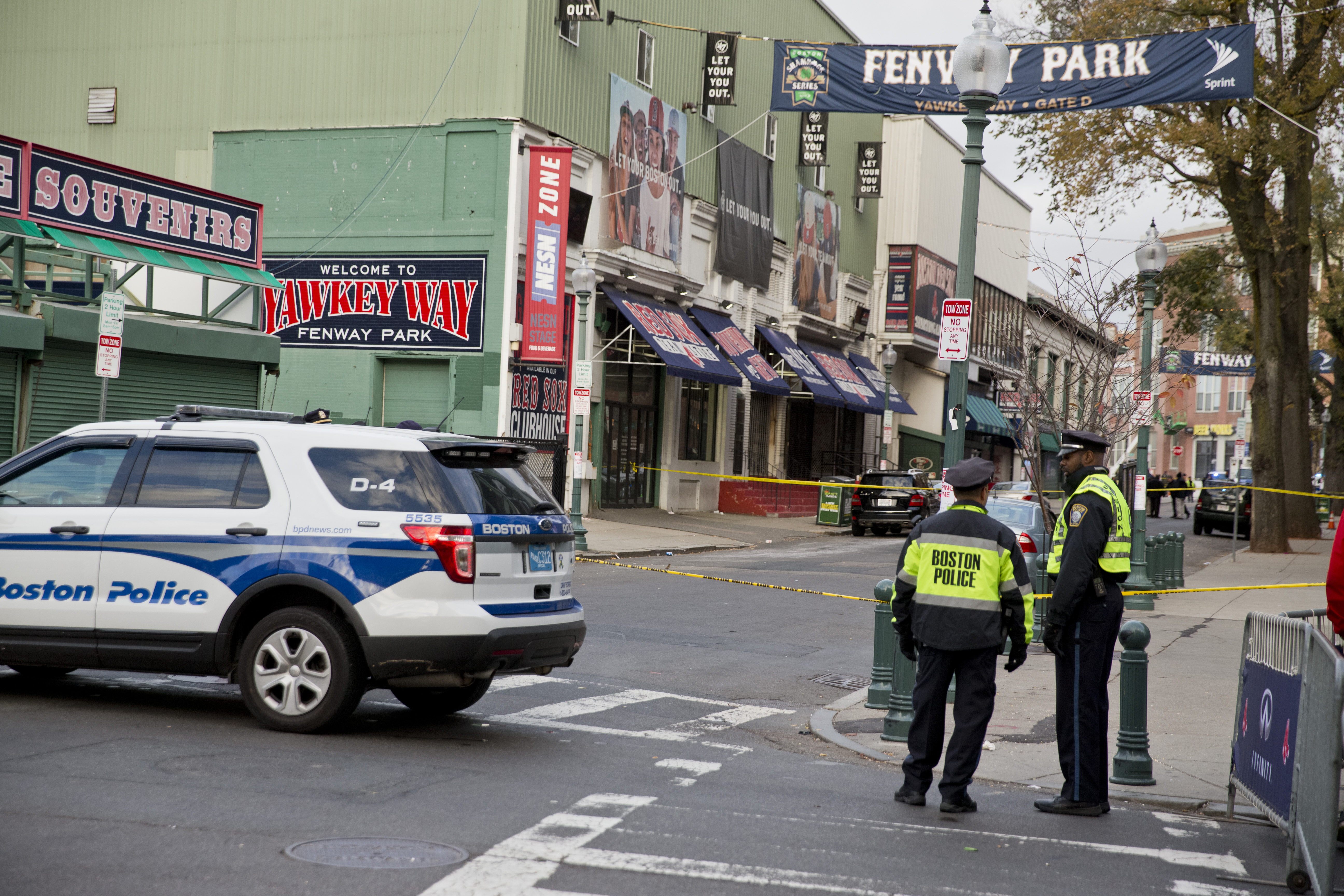 Boston Police outside Who’s On First where a fight broke out last night and three people were shot, one fatal, across the street from Fenway Park.