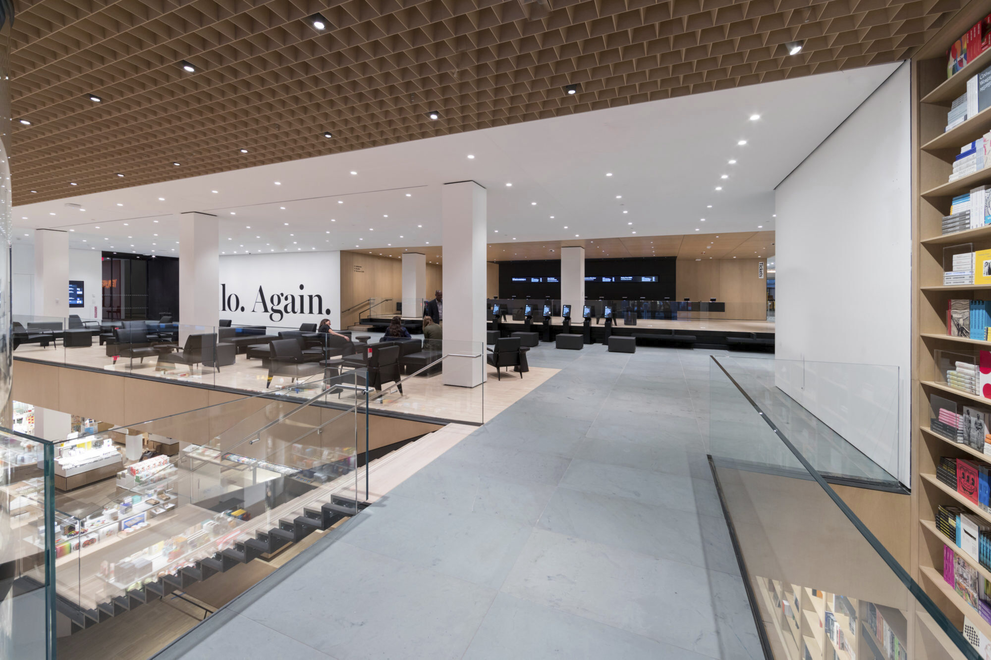 This image released by the Museum of Modern Art shows an interior view of the West Lobby Lounge and Eli & Edythe Broad Ticketing Platform, part of the renovation and expansion effort at MoMA.