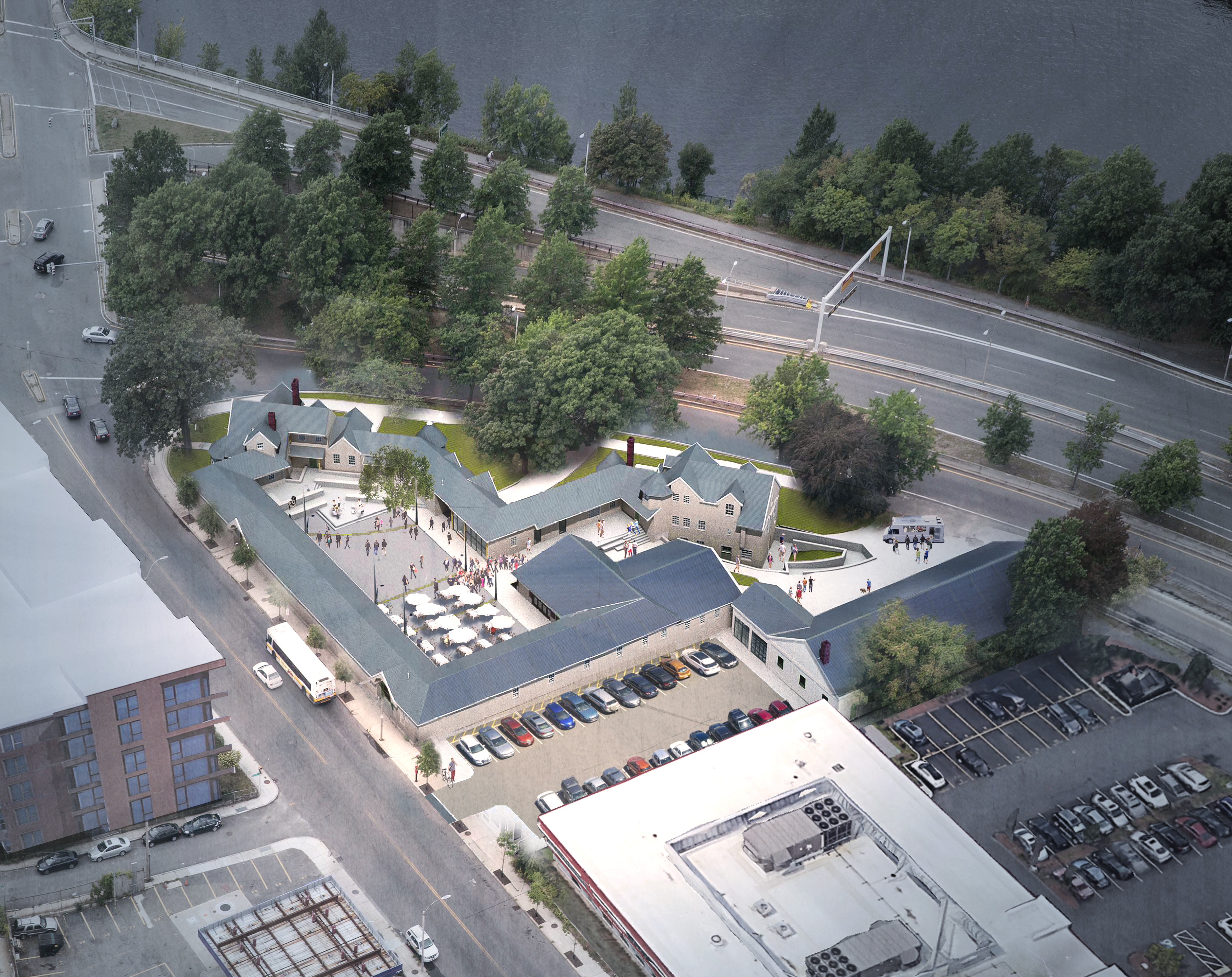 A rendering of an aerial view of the Speedway, looking northwest.