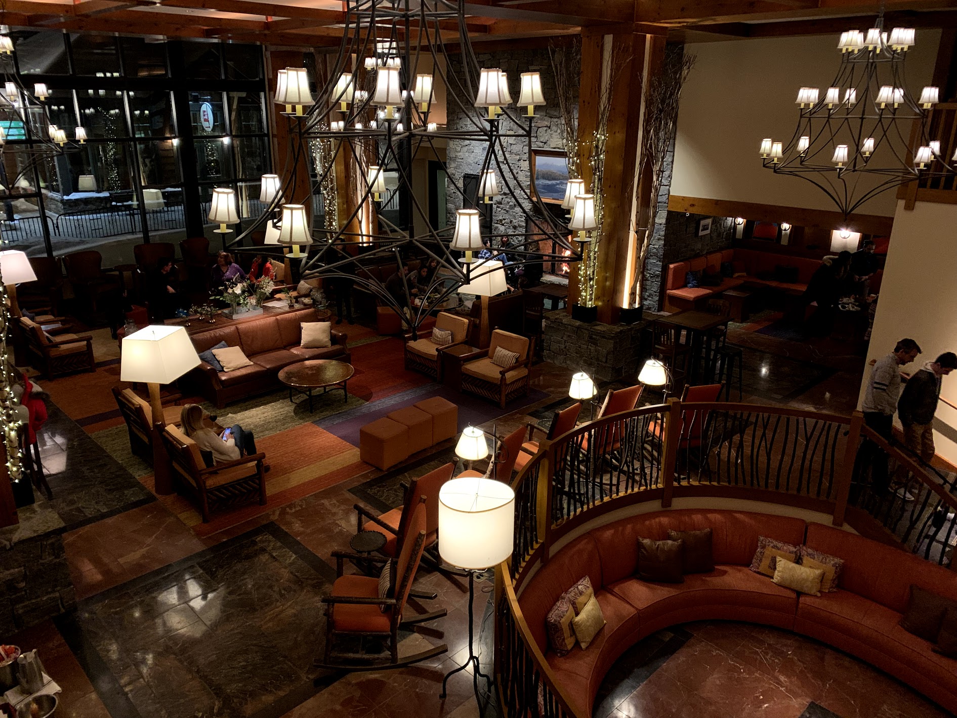 Apres-ski in the main lodge, featuring sushi and hot chocolate bars (separately).