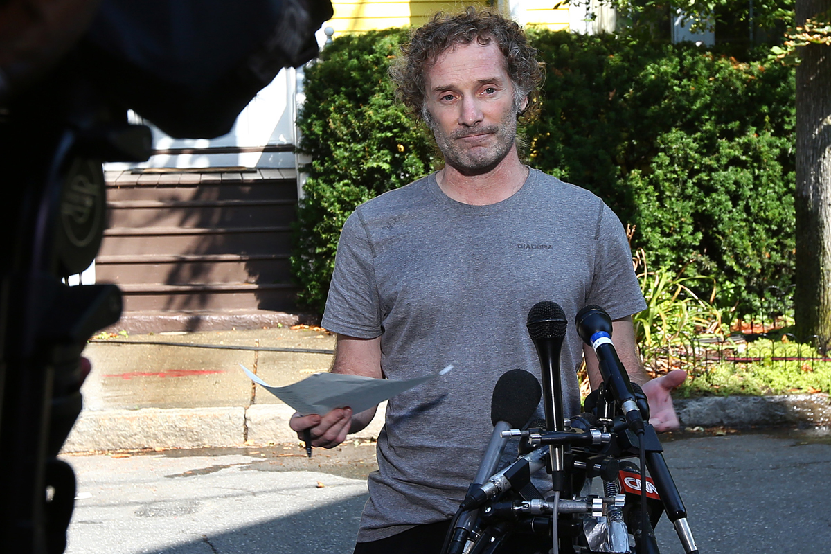 Peter Theo Curtis talked to reporters near his mother’s home in Cambridge.