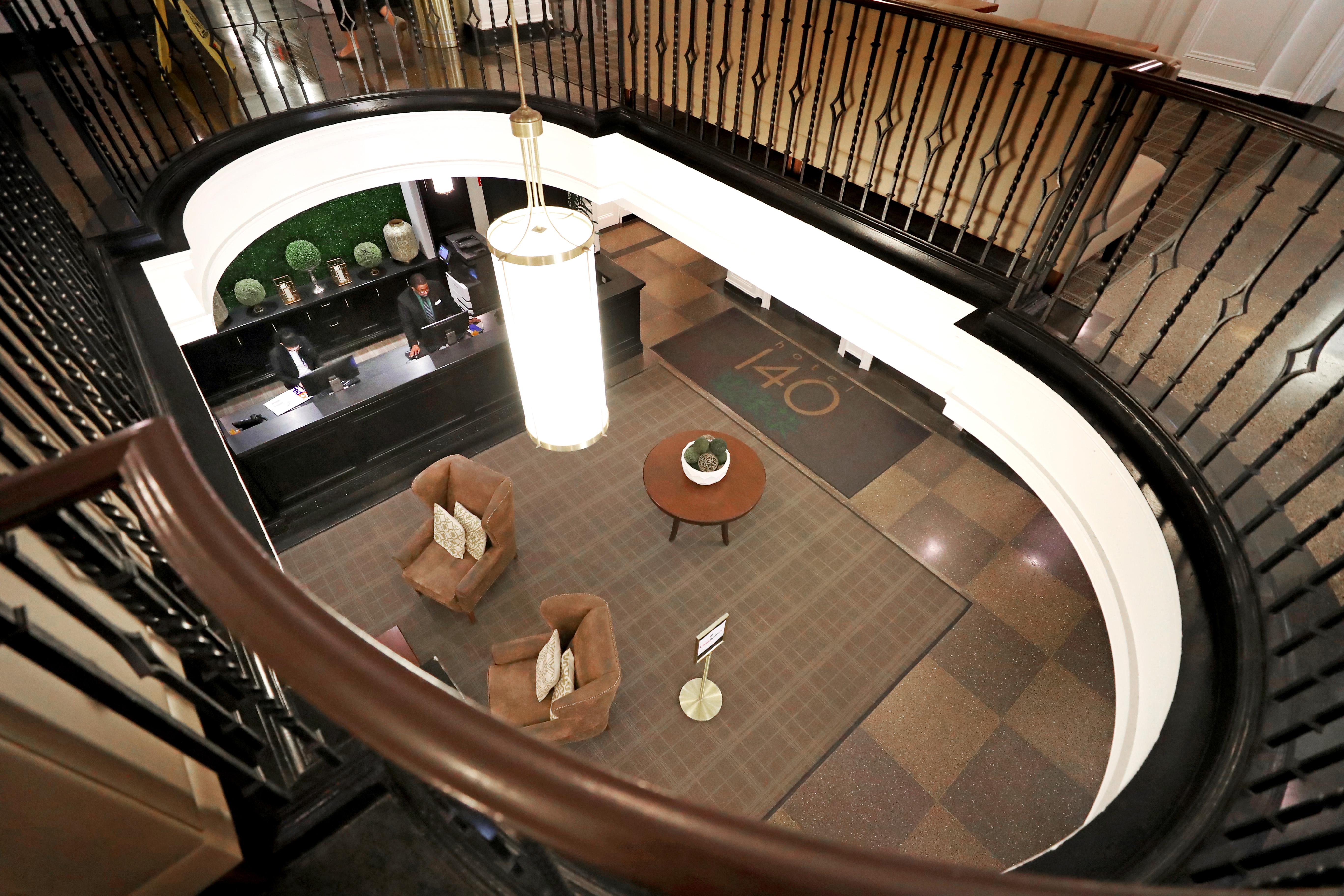 A view from the building’s second floor looking over its lobby.