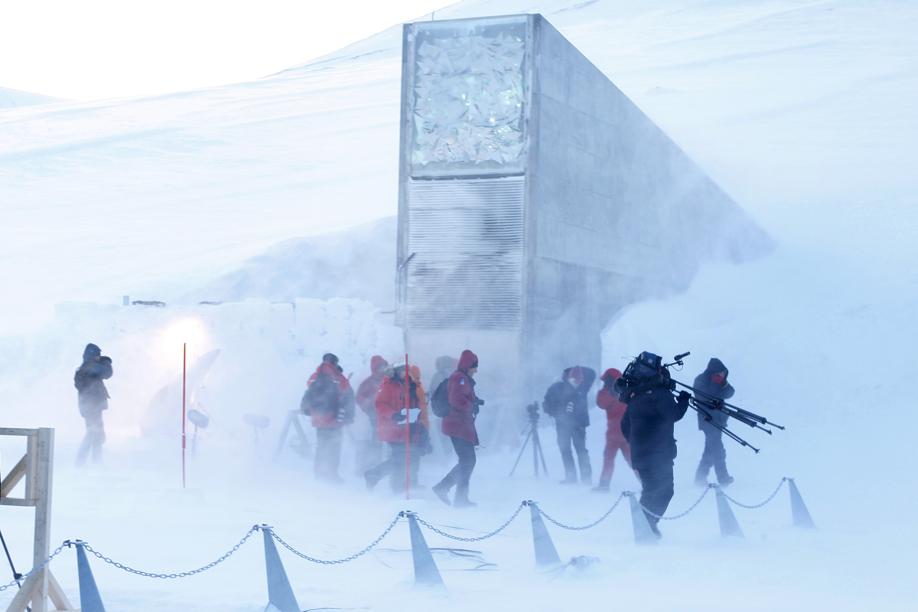 Journalists near the entrance of the Svalbard Global Seed Vault in Norway.